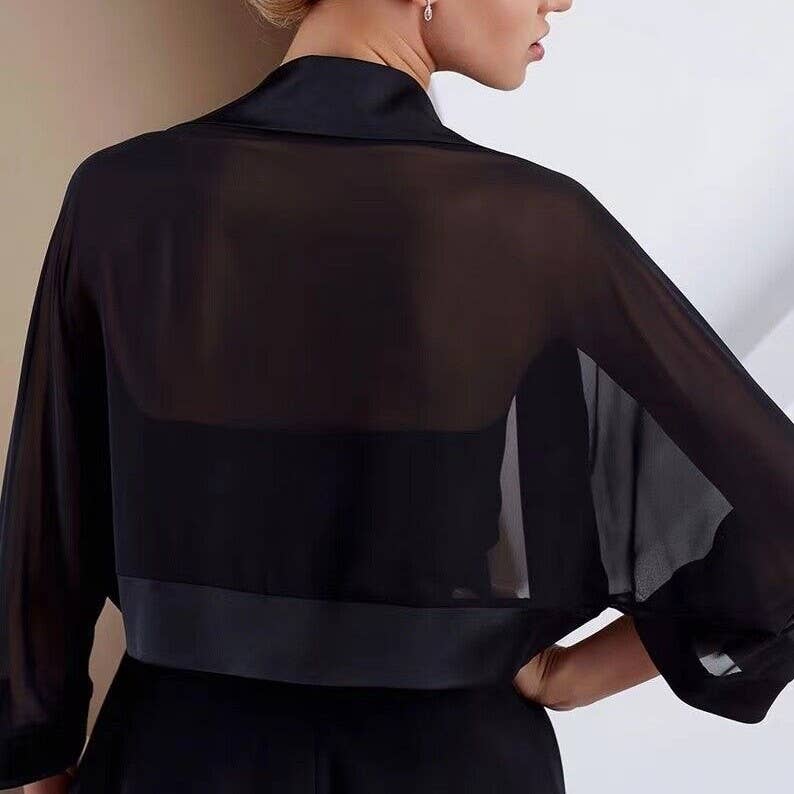 Sheer Bolero Cardigan with 3/4 Sleeves and Open Front Design