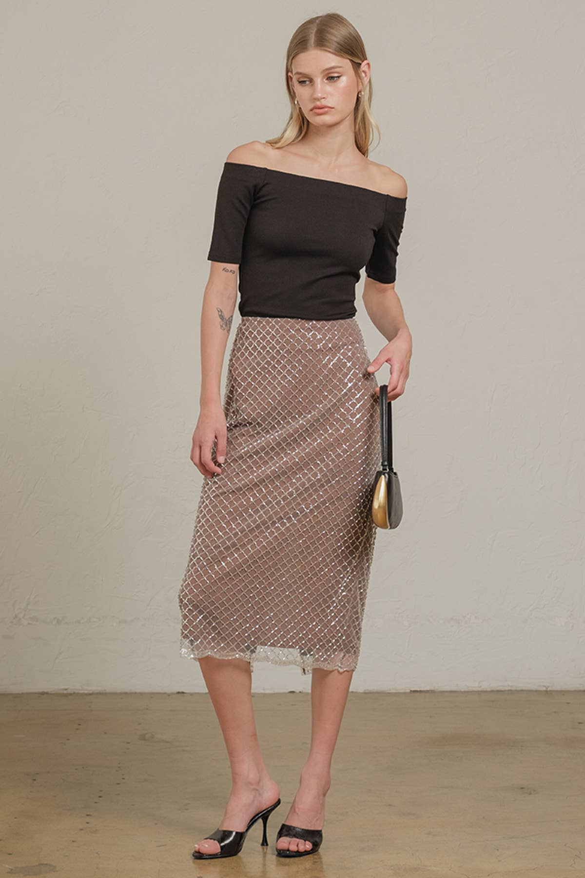 Beaded Midi Skirt with Back Slit & Zipper