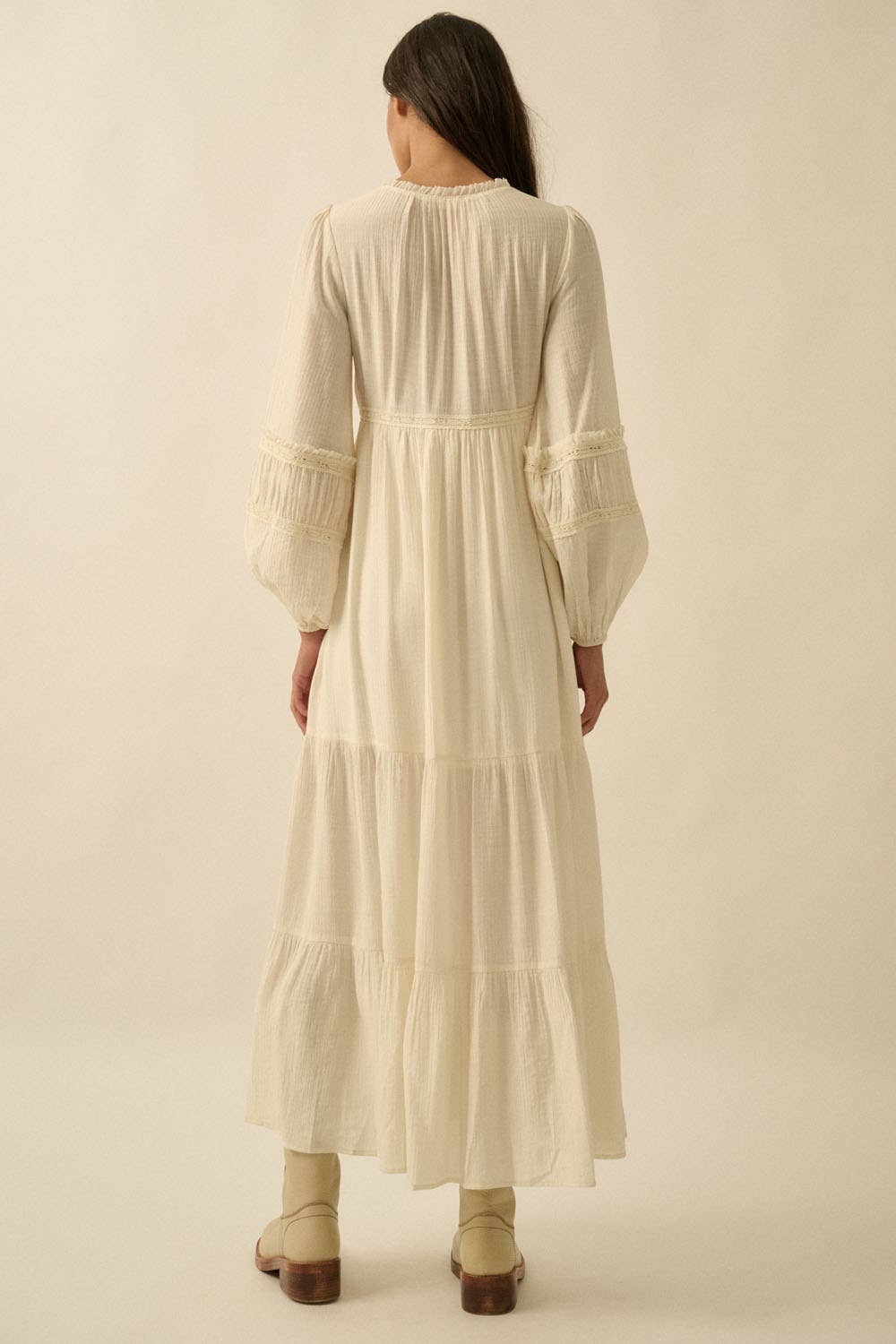 Tonal-Stripe Lace-Trim Button-Front Maxi Dress