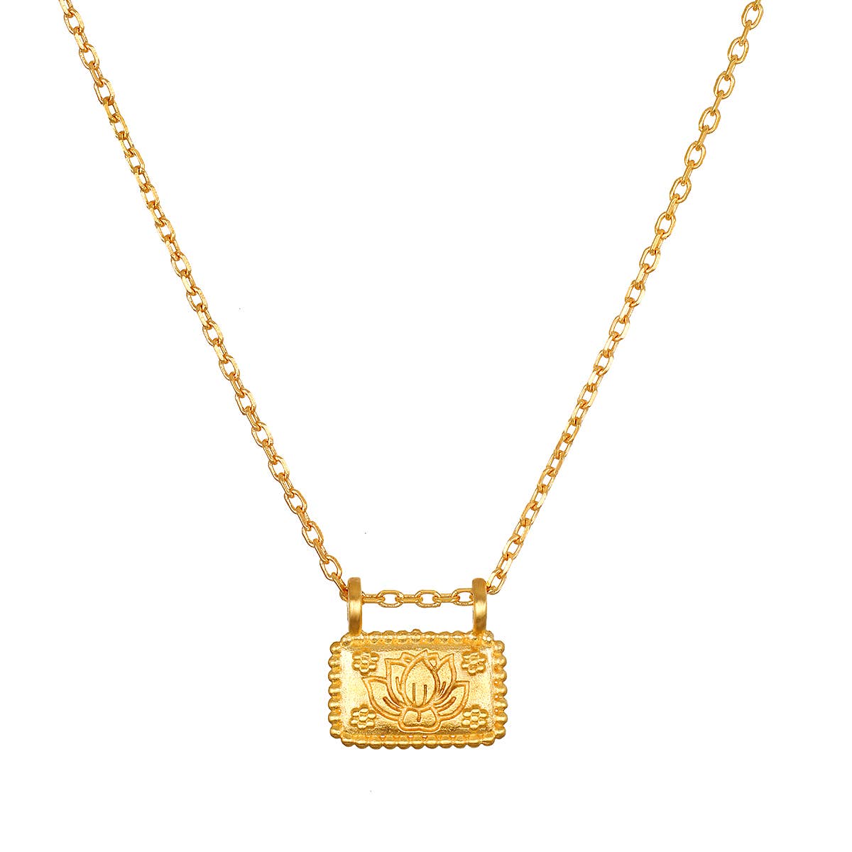 The Satya Jewelry 16” Lotus Plate Necklace features a gold-plated rectangular pendant engraved with a lotus flower, symbolizing new beginnings, displayed on a white background.