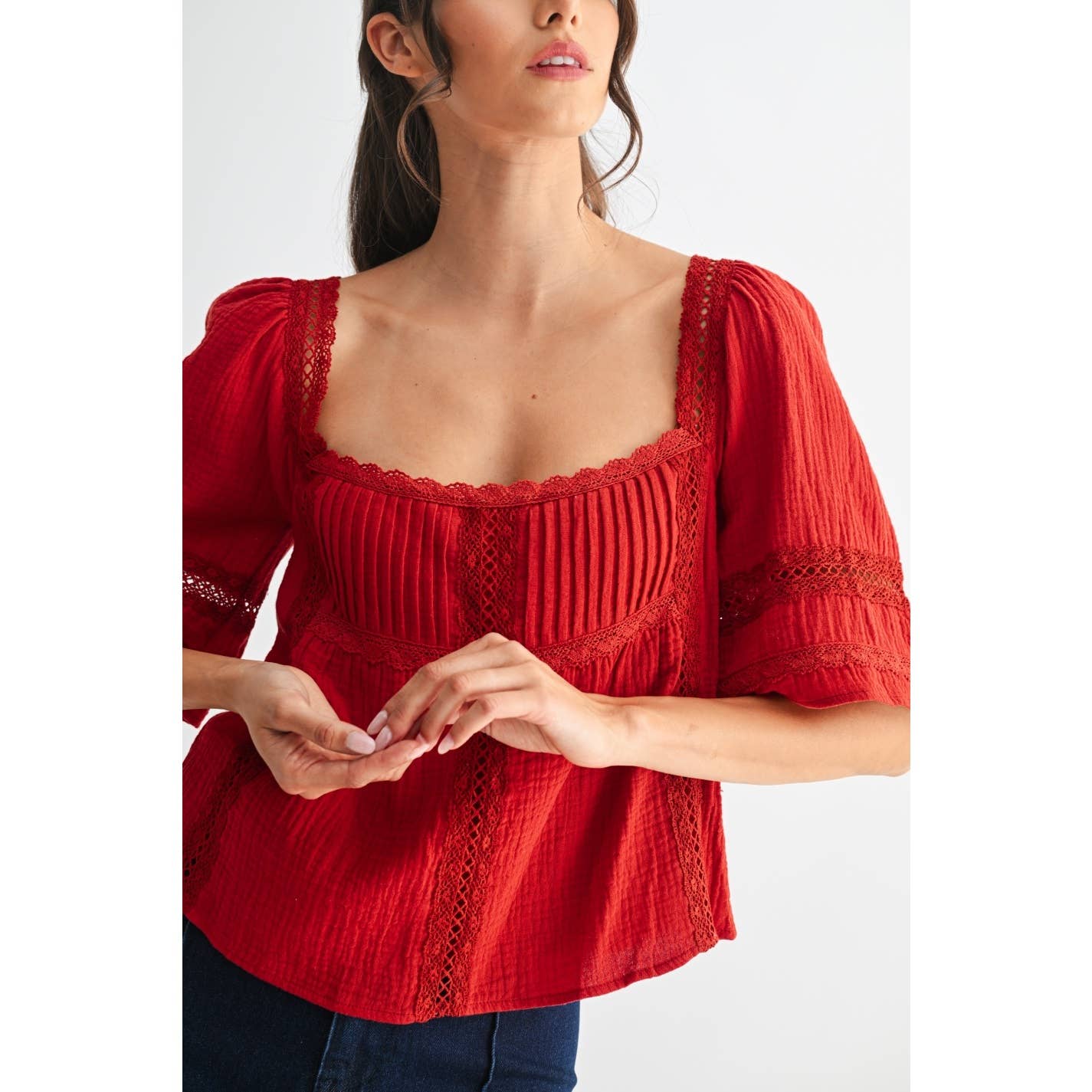 SCARLET LACE-TRIMMED RED BLOUSE