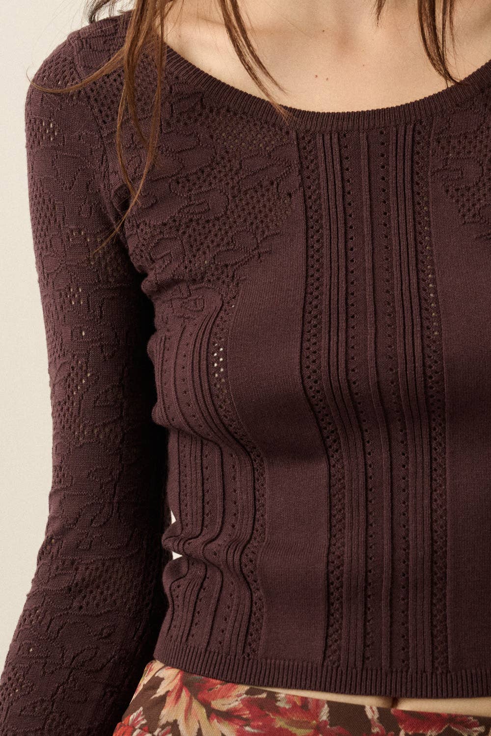 Floral Pointelle and Ribbed Knit Fitted Long-Sleeve Top
