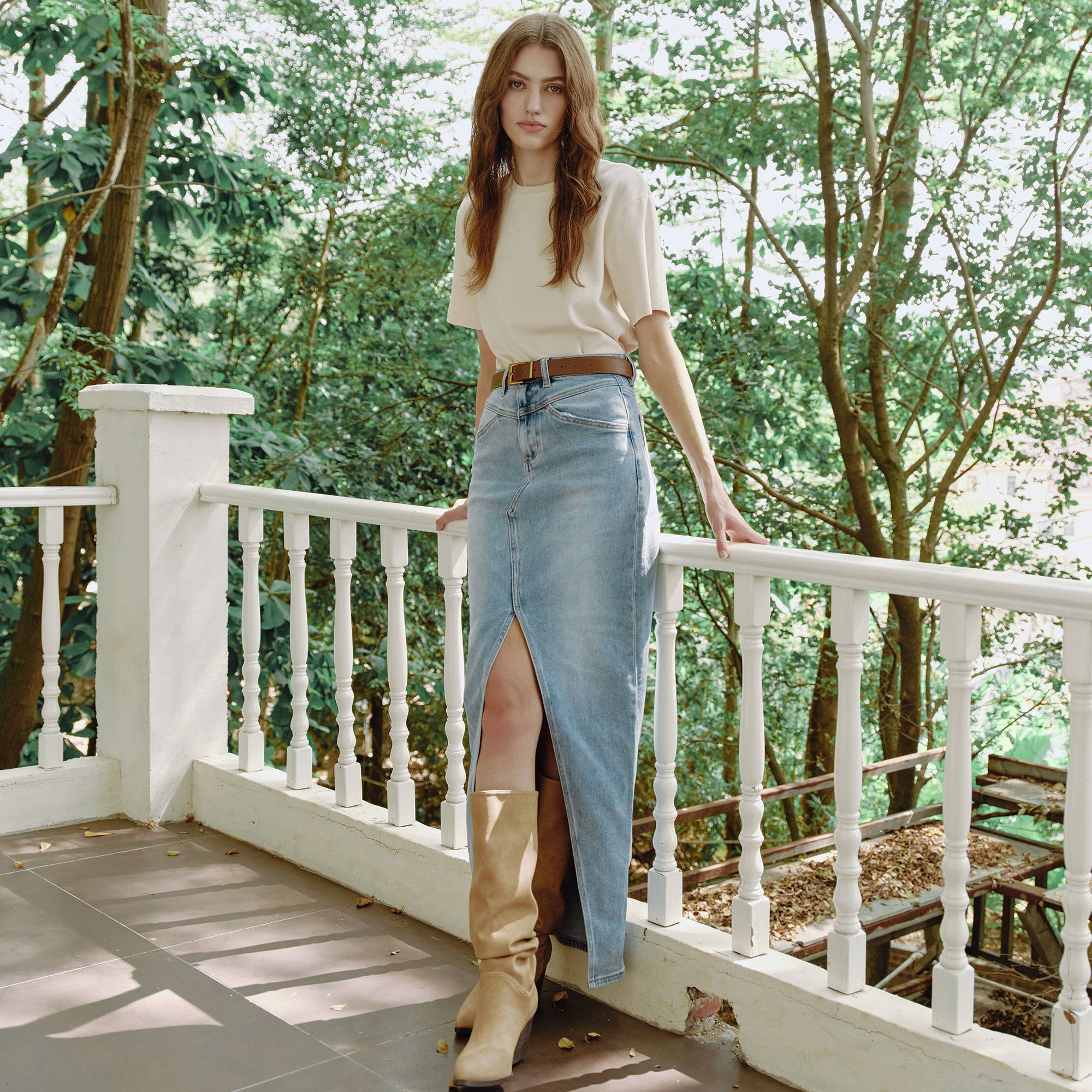 Periwinkle Blue High-Low Denim Skirt – Comfort Stretch