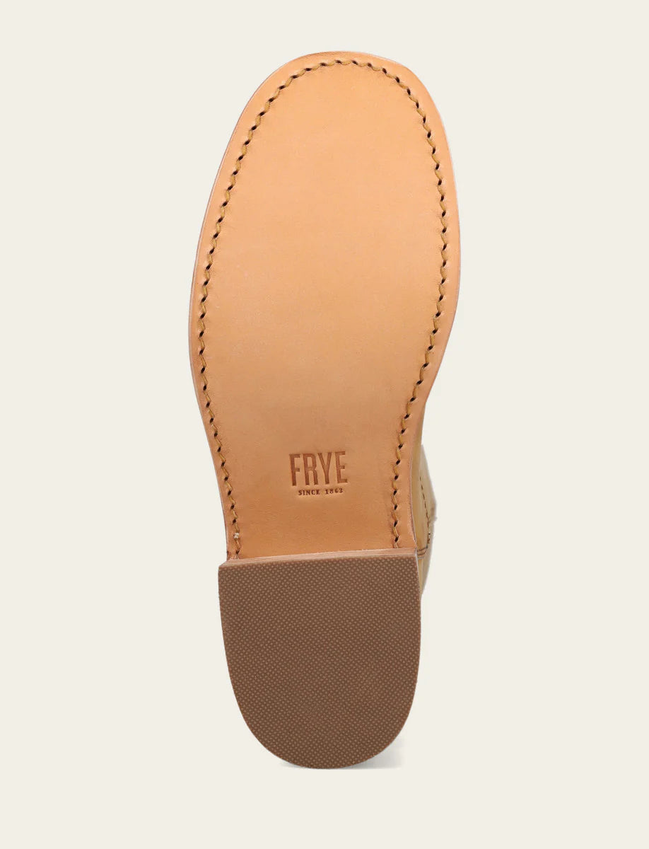 Sole view of Frye CAMPUS 14L Leather Boot in Banana showing smooth leather sole with branded detail and stitched edges