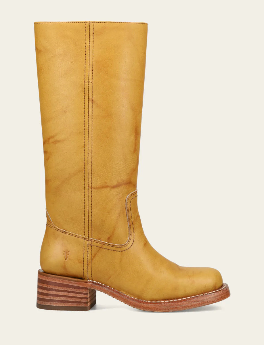 Frye CAMPUS 14L Leather Boot in Banana with tall shaft, stacked heel, and smooth leather finish in warm yellow tone