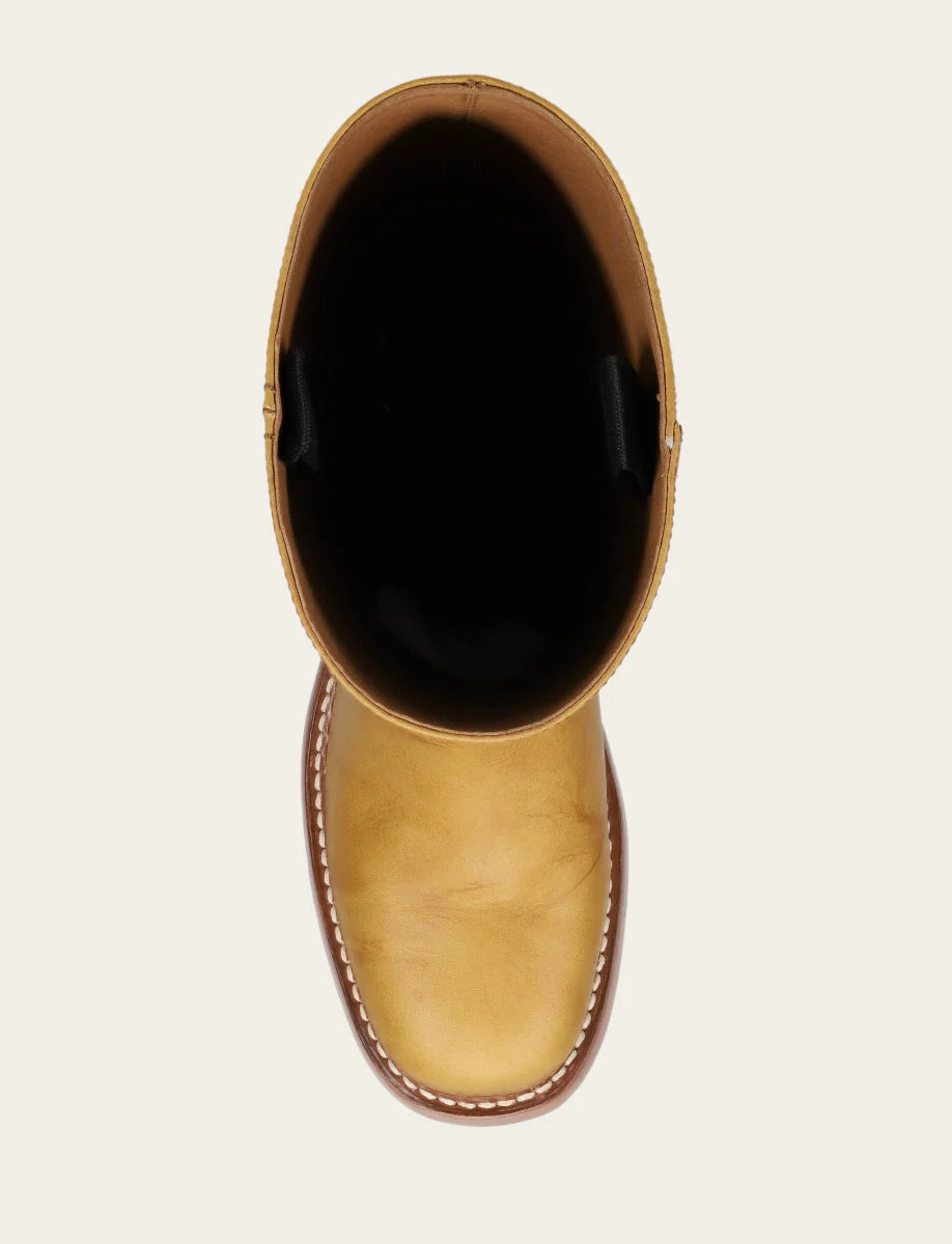 Top view of Frye CAMPUS 14L Leather Boot in Banana showing smooth leather and detailed stitching