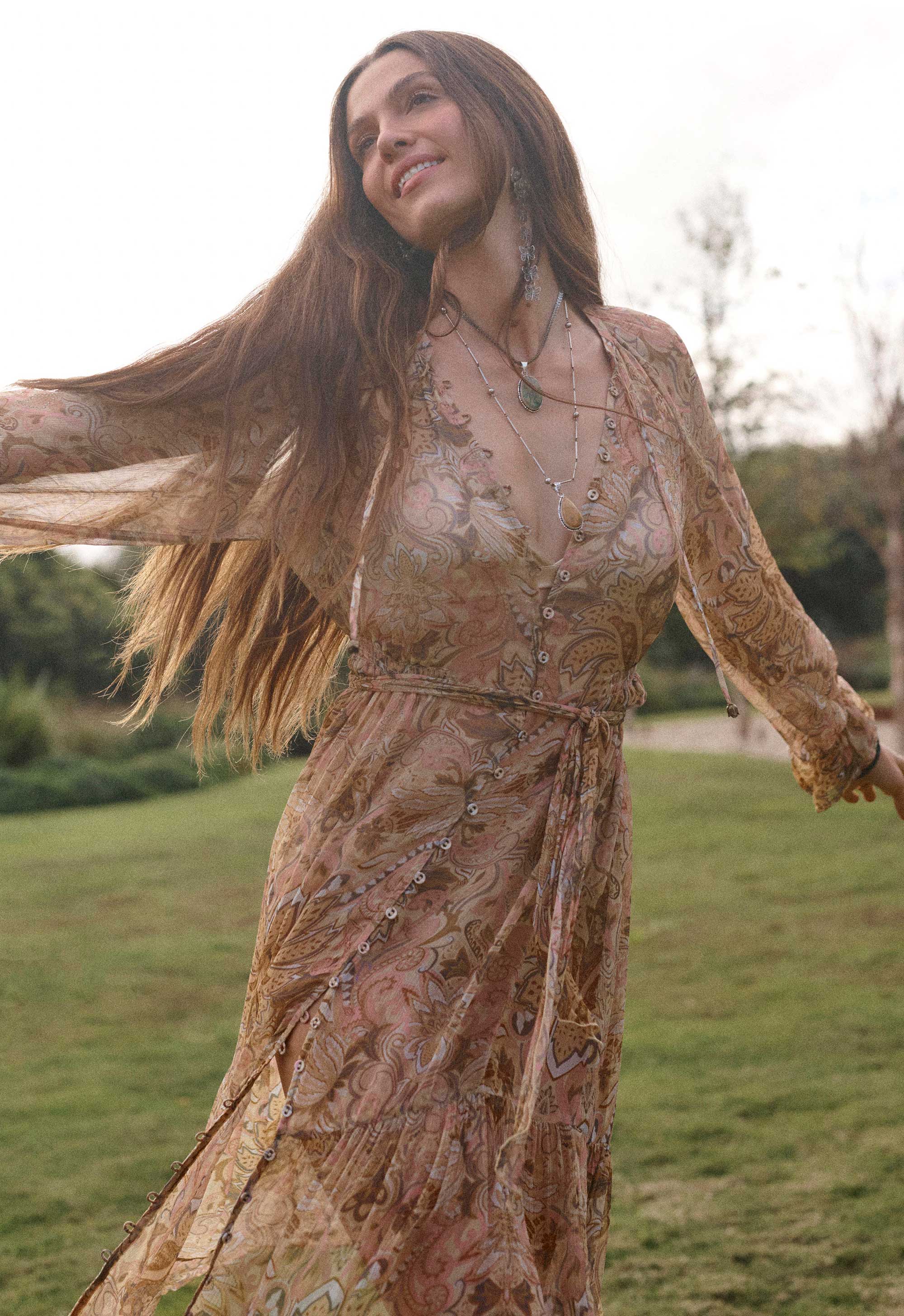 Damask Button Through Gown in Chai