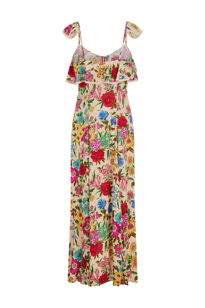 Valley of the Dolls Strappy Gown with vibrant floral print and delicate tie straps for a breezy, elegant look