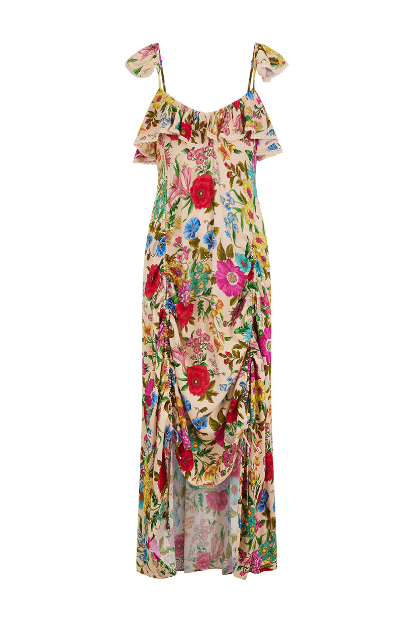 Valley of the Dolls Strappy Gown in floral print with ruffle neckline and adjustable shoulder ties, vibrant boho style.