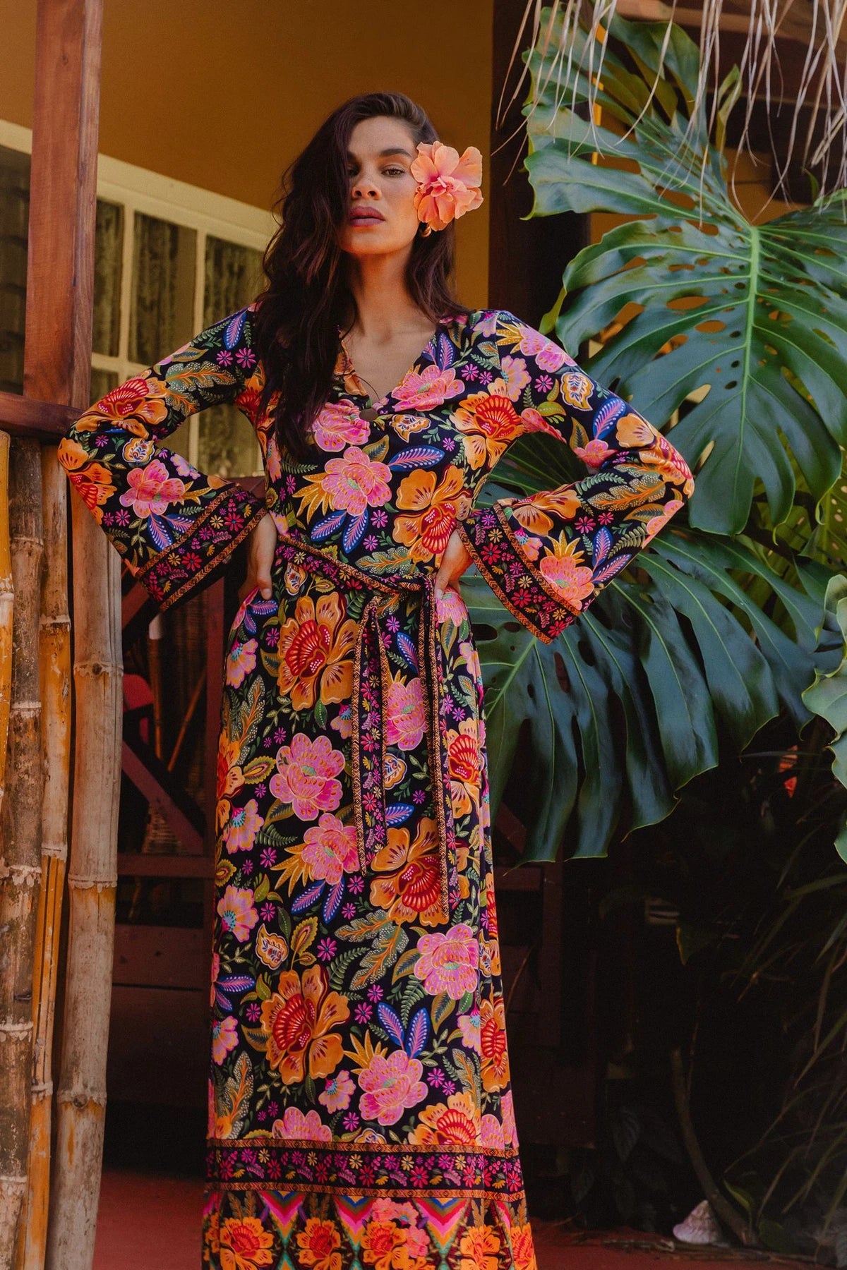 tropical maxi dress with sleeves Vera in Carnivale Women's White Summer Dresses Dee Dee Double Kit creating a dreamy aesthetic Color:Emerald/ Black