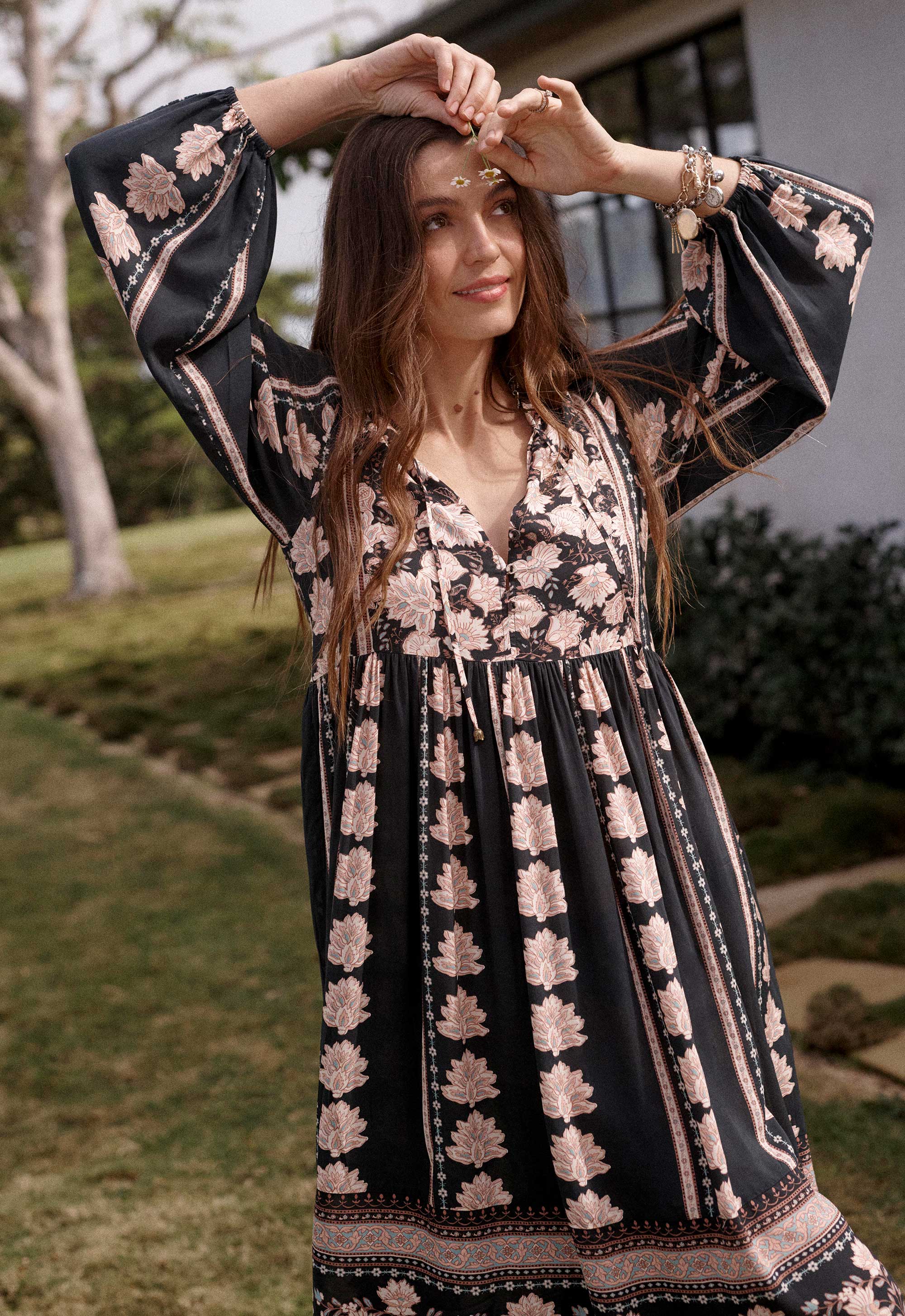 Petalwood Boho Midi Dress — Nightfall