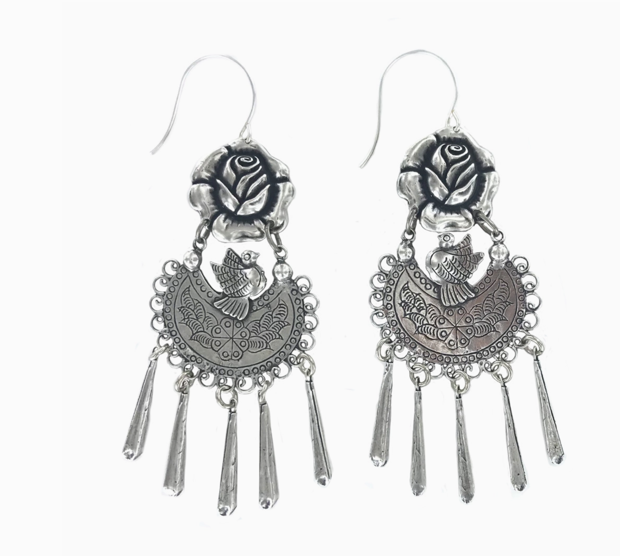 Discover the Valentina Earring by Tara Gasparian—vintage statement earrings in ornate silver with a rose, bird, intricate patterns, and five elegant dangling charms on each piece.