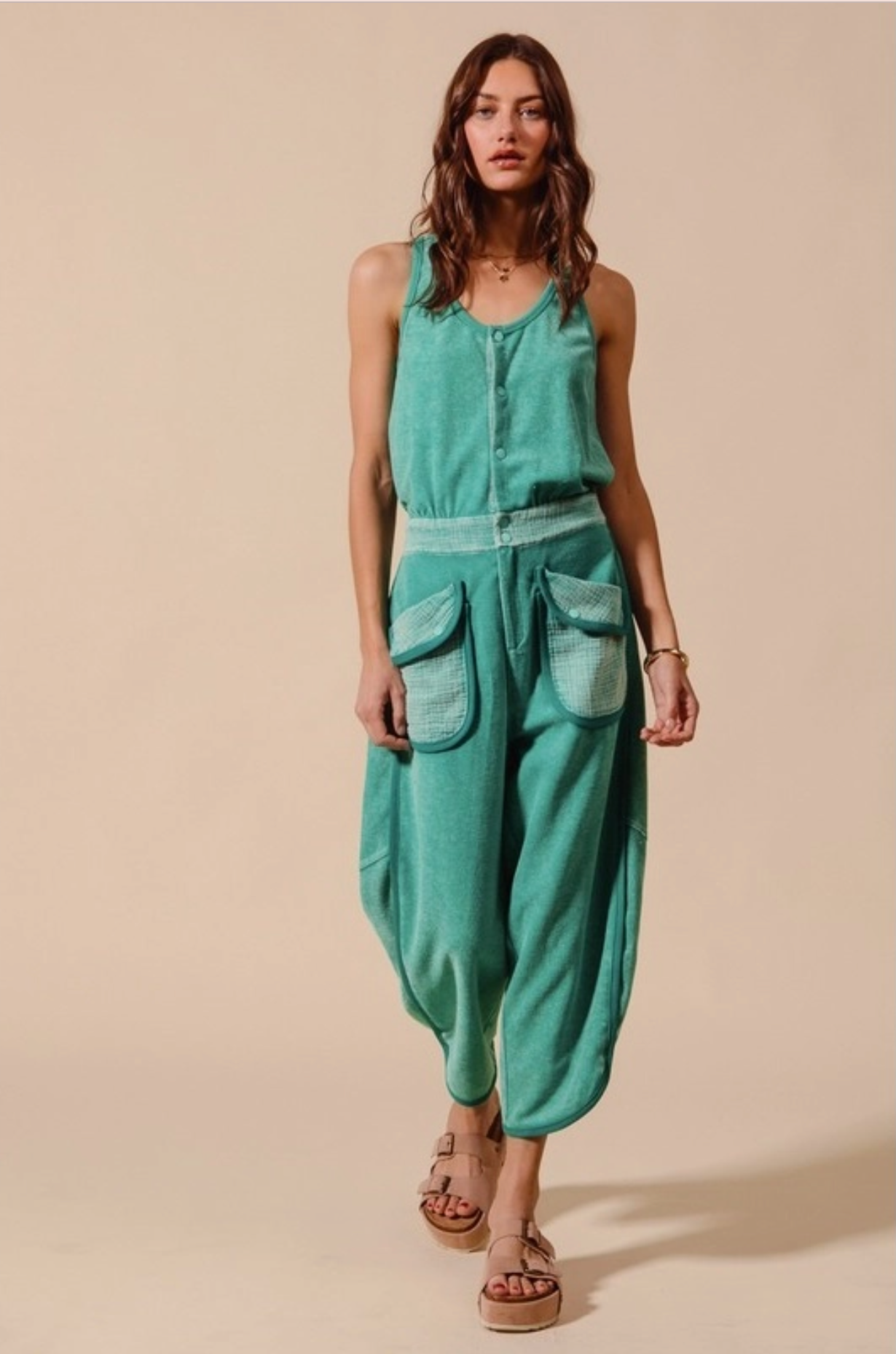 Mineral Washed Button Up Scoop Neck Terry Jumpsuit
