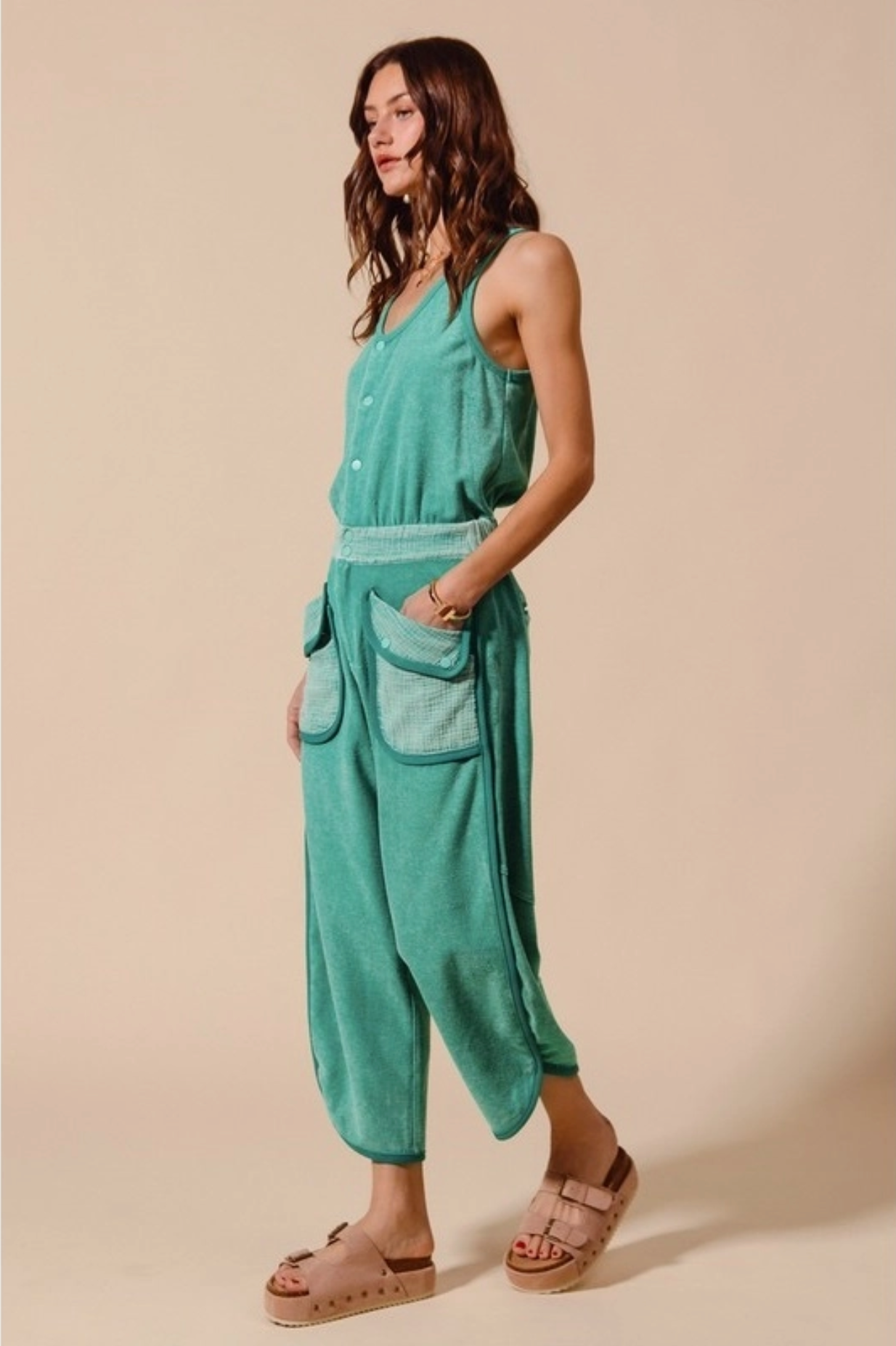 Mineral Washed Button Up Scoop Neck Terry Jumpsuit