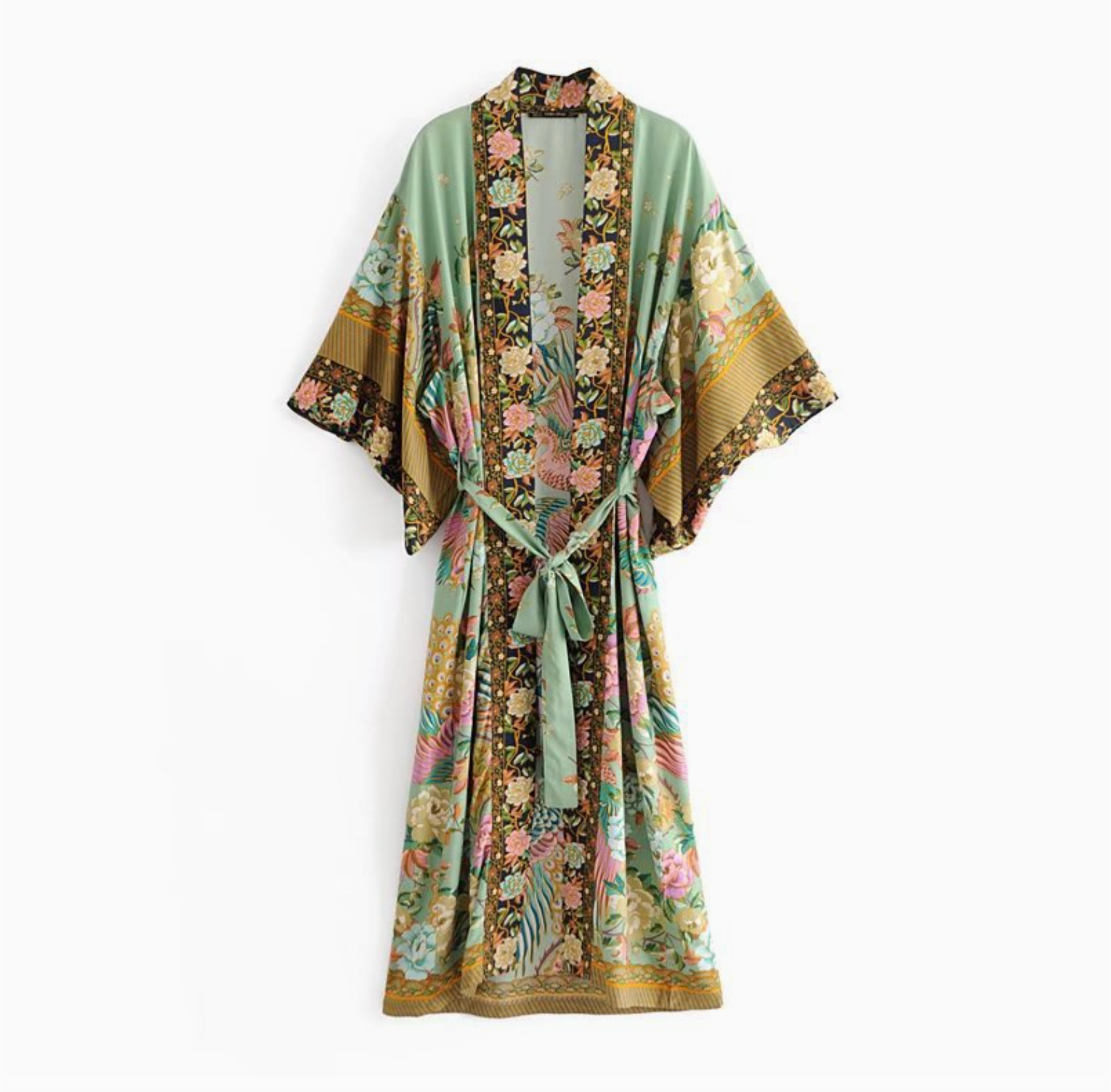 Peacock & Floral Print Belted Long Kimono Robe