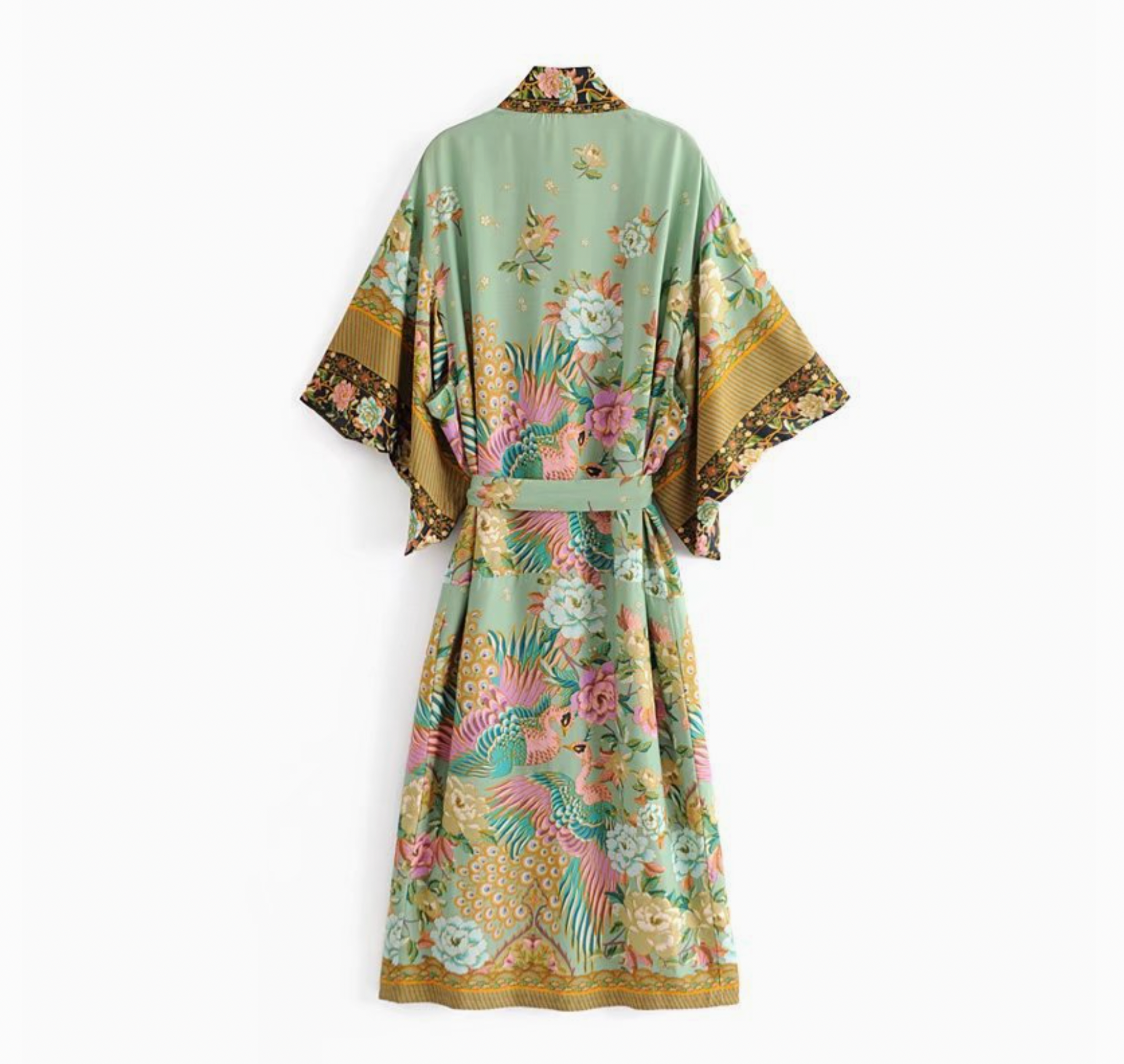 Peacock & Floral Print Belted Long Kimono Robe