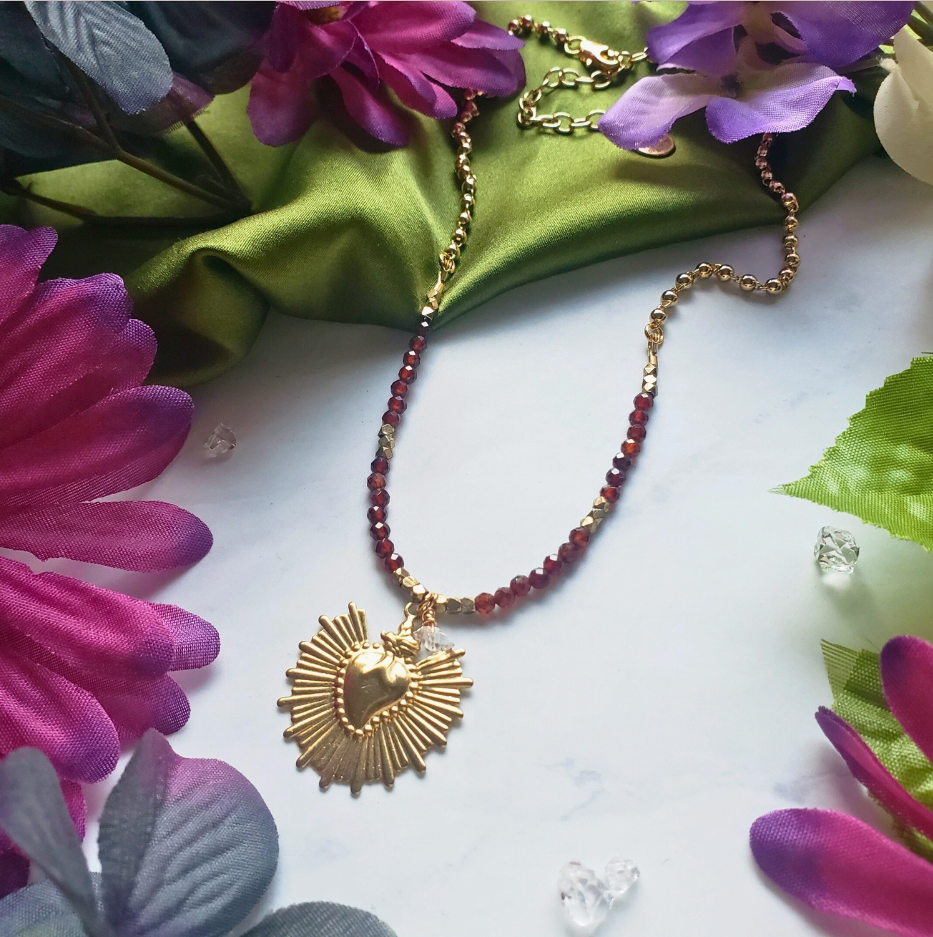 Golden Garnet Sacred Heart Necklace