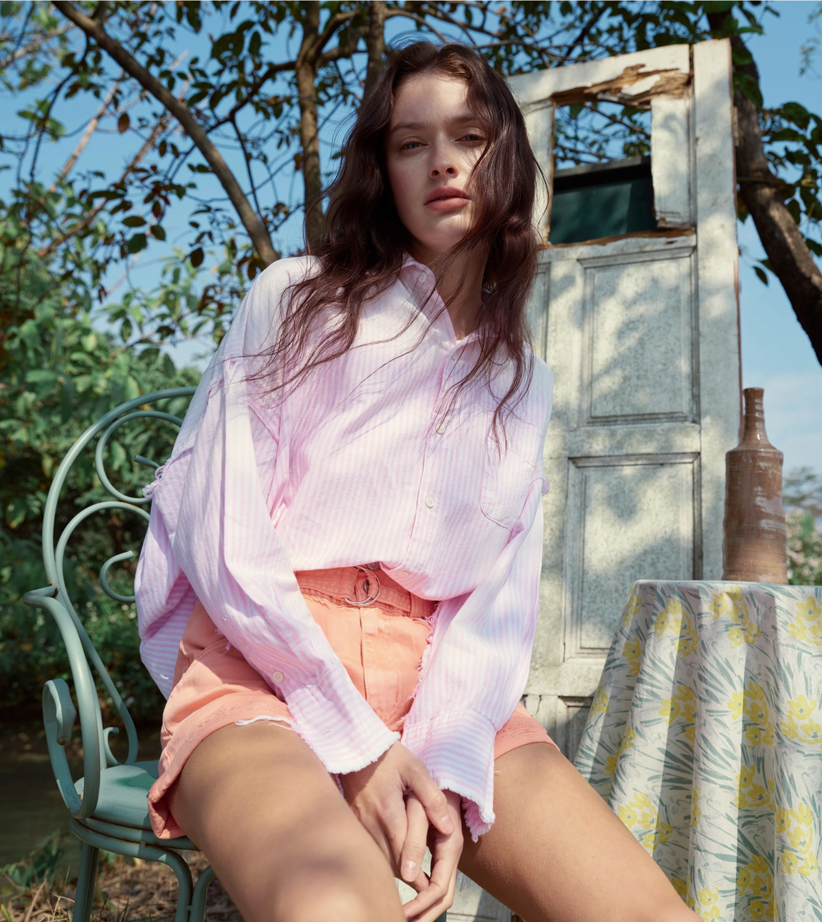 Ragged Chambray Stripe Shirt – Pink + White