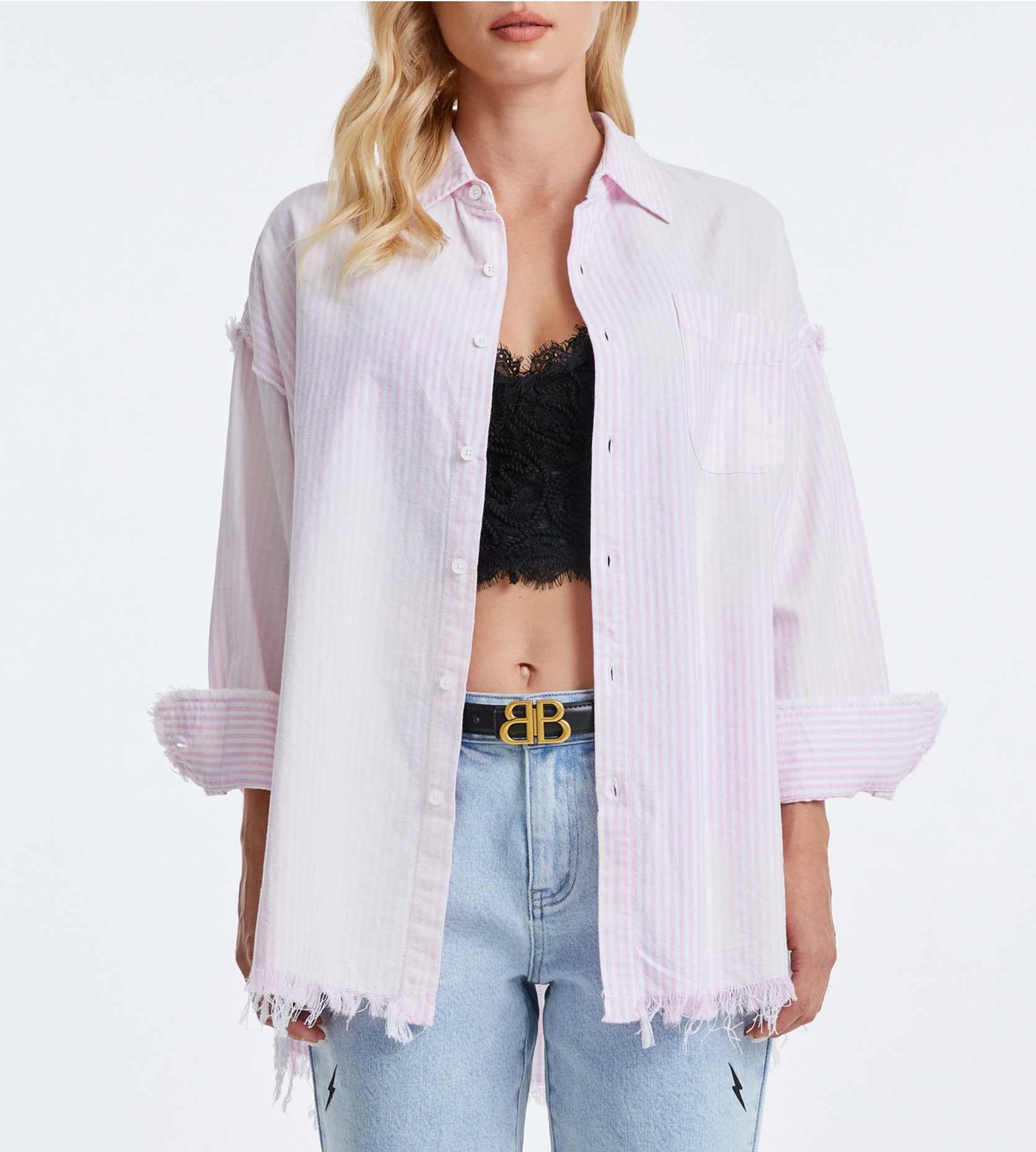 Ragged Chambray Stripe Shirt – Pink + White