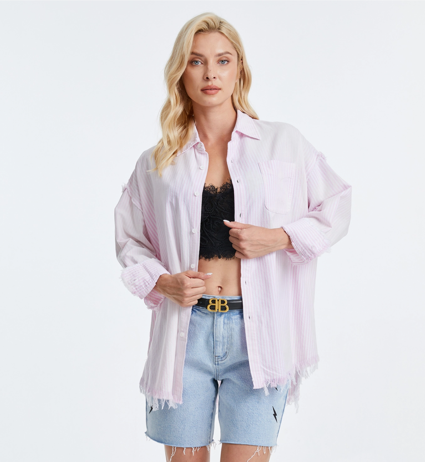 Ragged Chambray Stripe Shirt – Pink + White