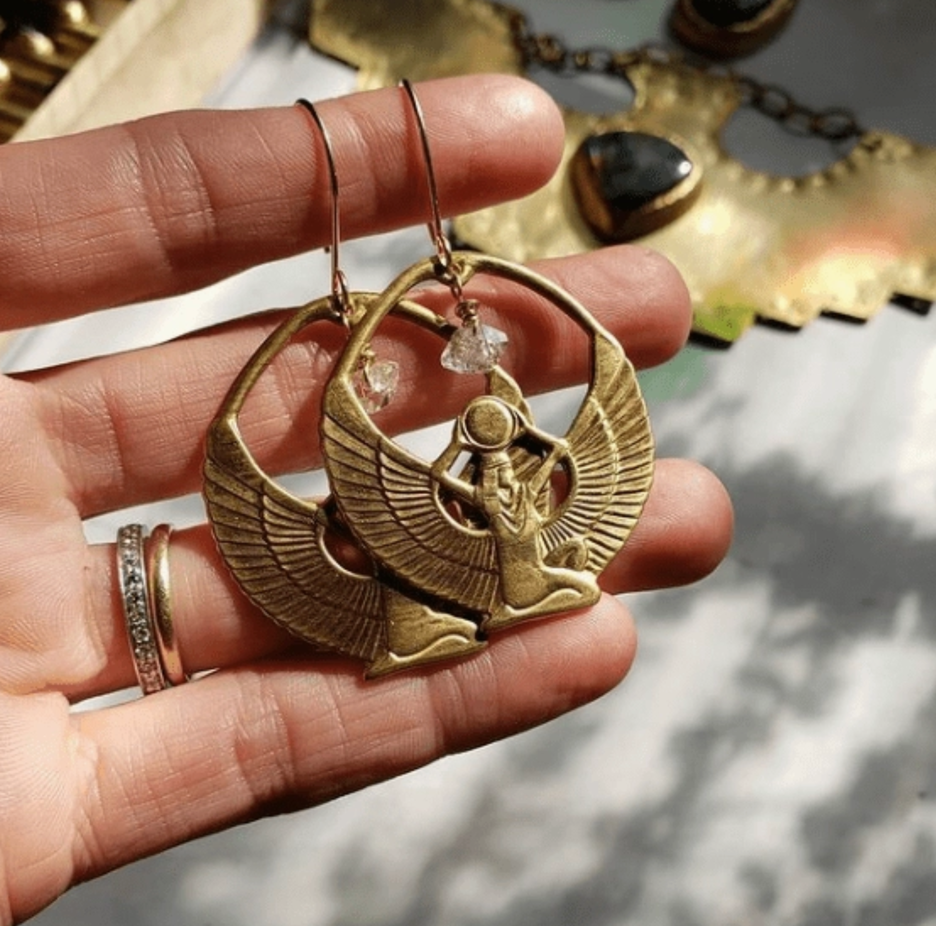 Brass Winged Egyptian Goddess Isis Earrings