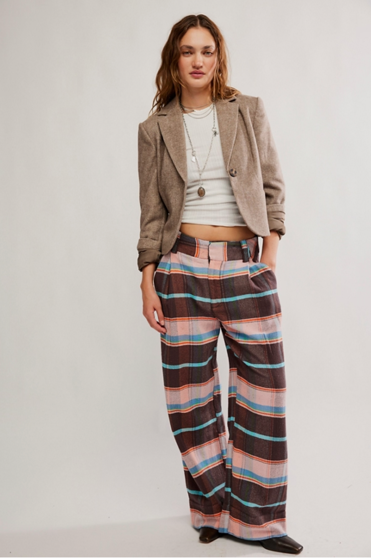 Buckle Back Plaid Trousers