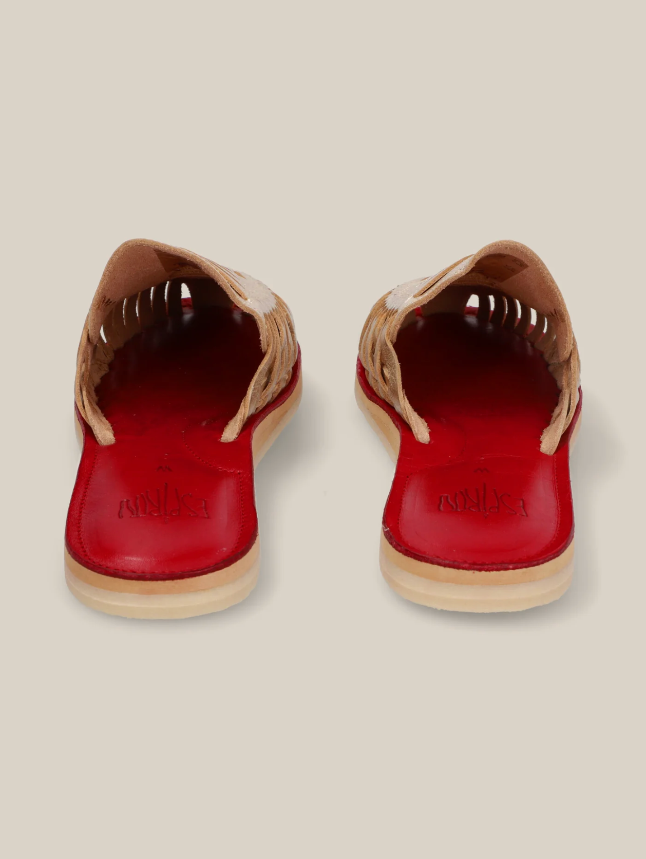 Gold Slip On Huarache Sandal with woven leather upper and vibrant red cushioned insole for stylish comfort