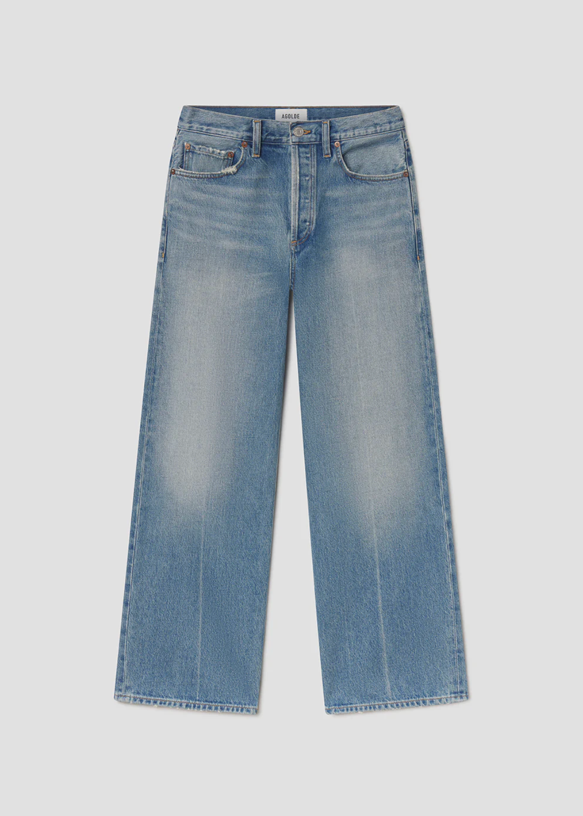 Arc Jean 29" In Brink by Agolde" in light blue denim with wide leg and subtle faded detailing.