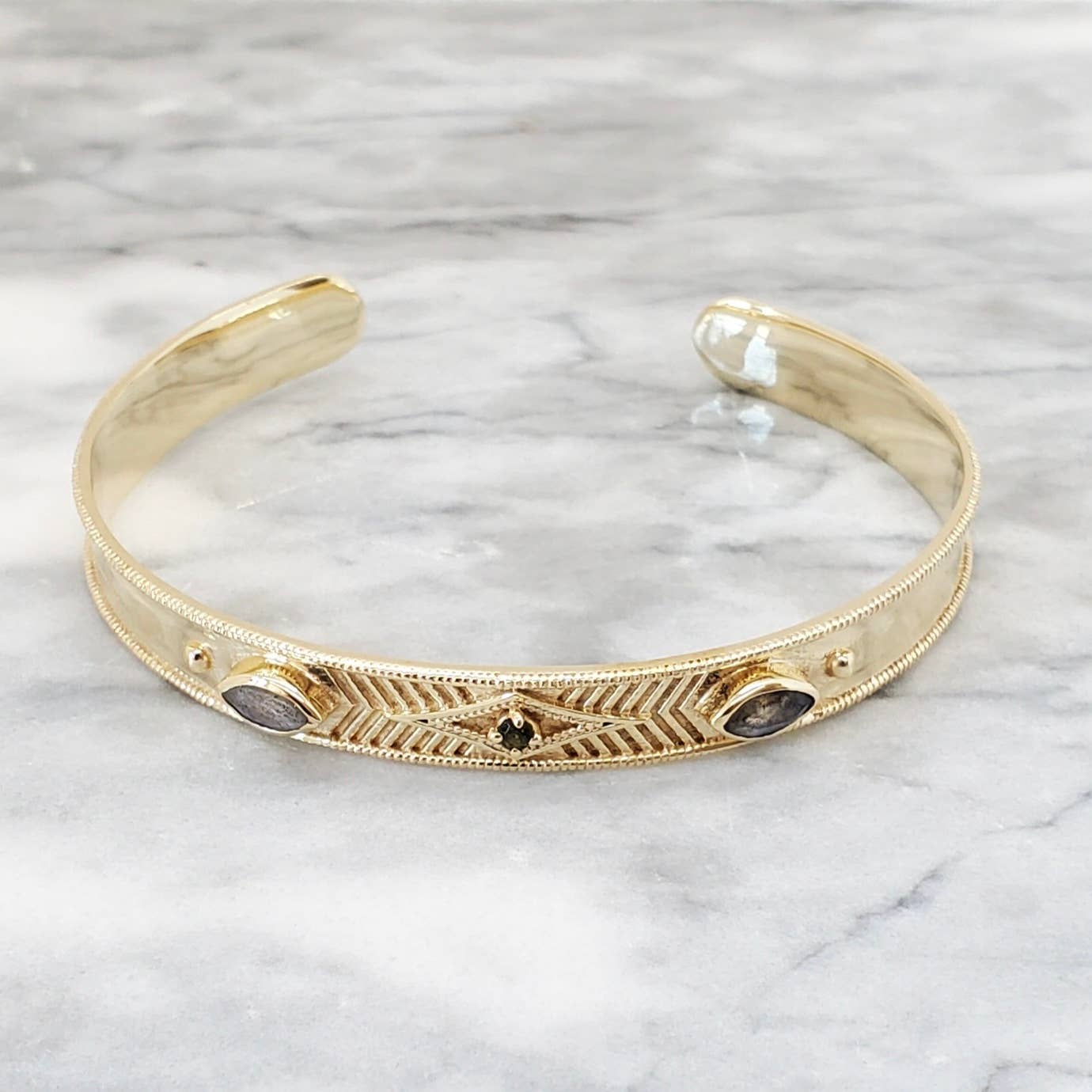 Labradorite and Tourmaline Decorated Cuff in Brass