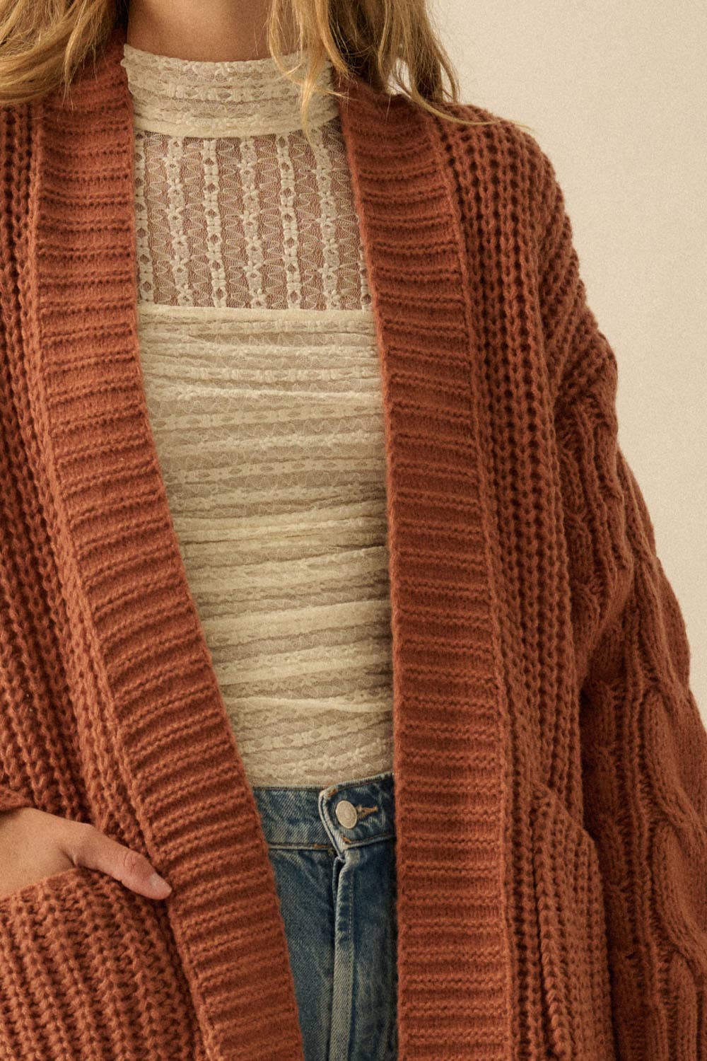 Solid Rib Knit Open Front Cable Knit Cardigan
