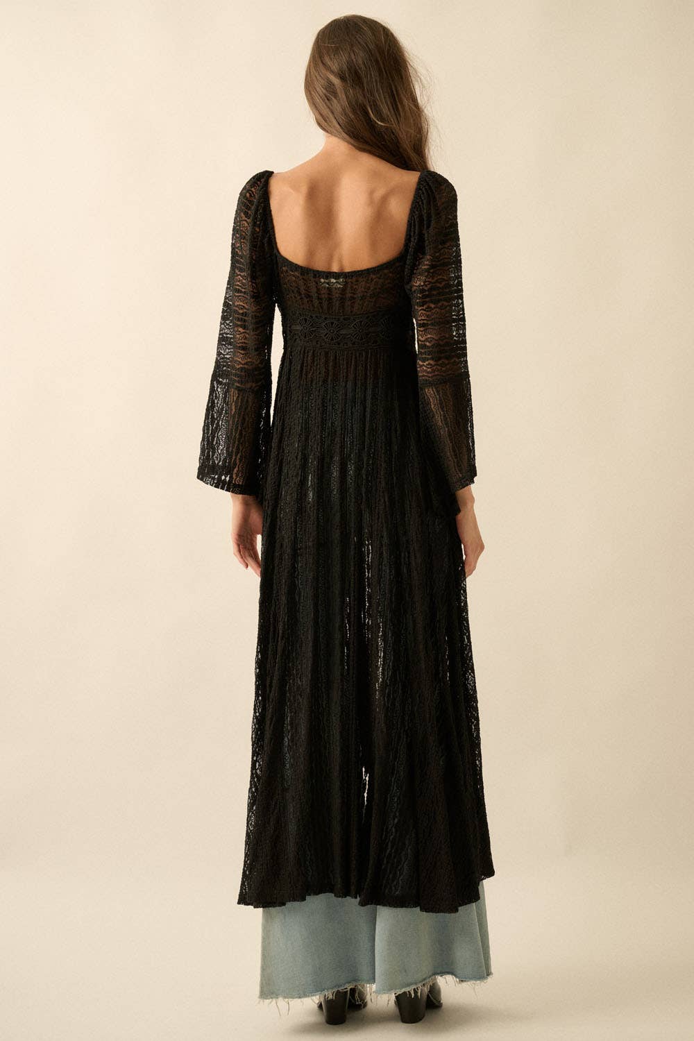 Sheer Striped Lace Button- Up Layering Midi Dress