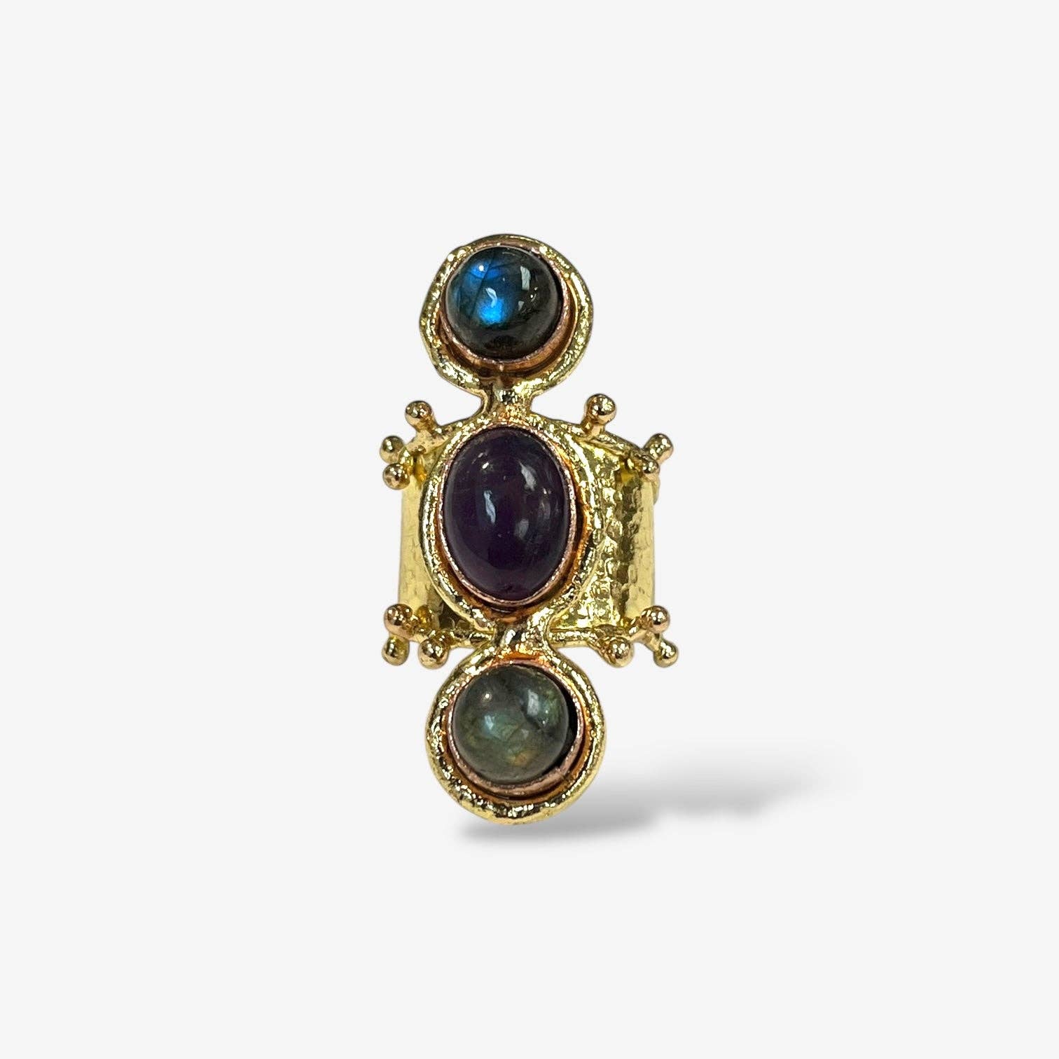 Aurora Luxe Gemstone Ring featuring three vibrant stones set in textured gold-tone metal band with artisanal design details