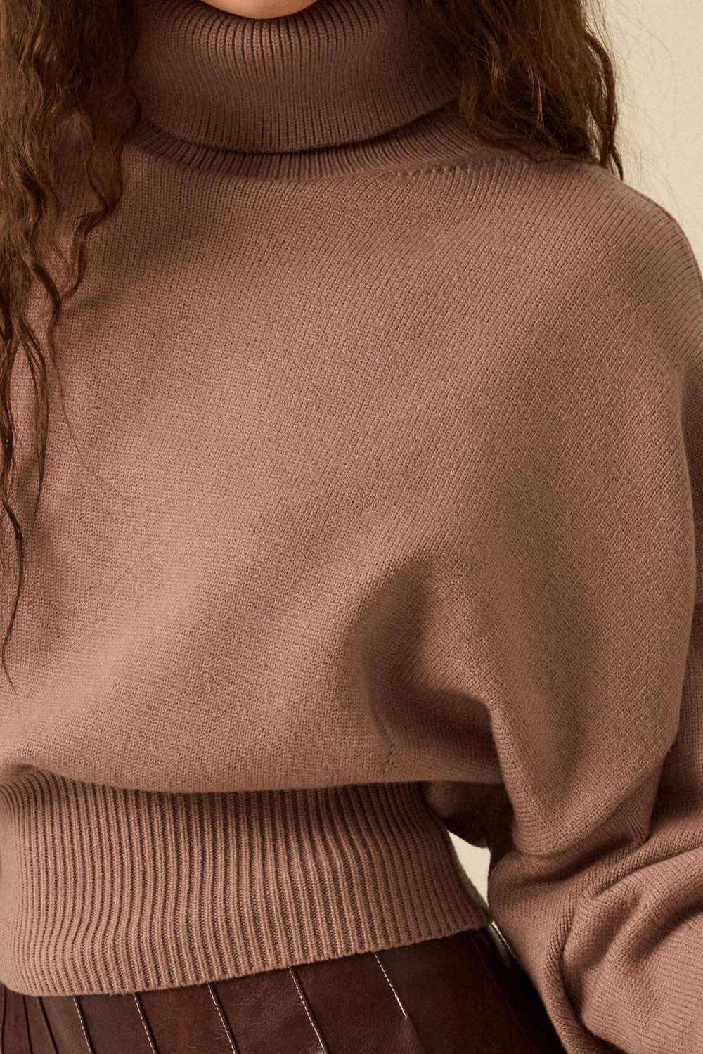 Solid Knit Banded-Hem Cropped Turtleneck Sweater