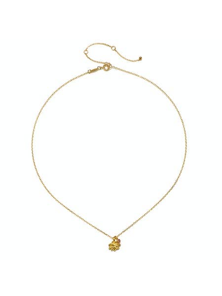 The Satya Jewelry Lotus Pink Tourmaline Necklace features a lotus-shaped pendant in 18k gold with a pink tourmaline accent and includes a 3'' extension chain, elegantly displayed on a white background.