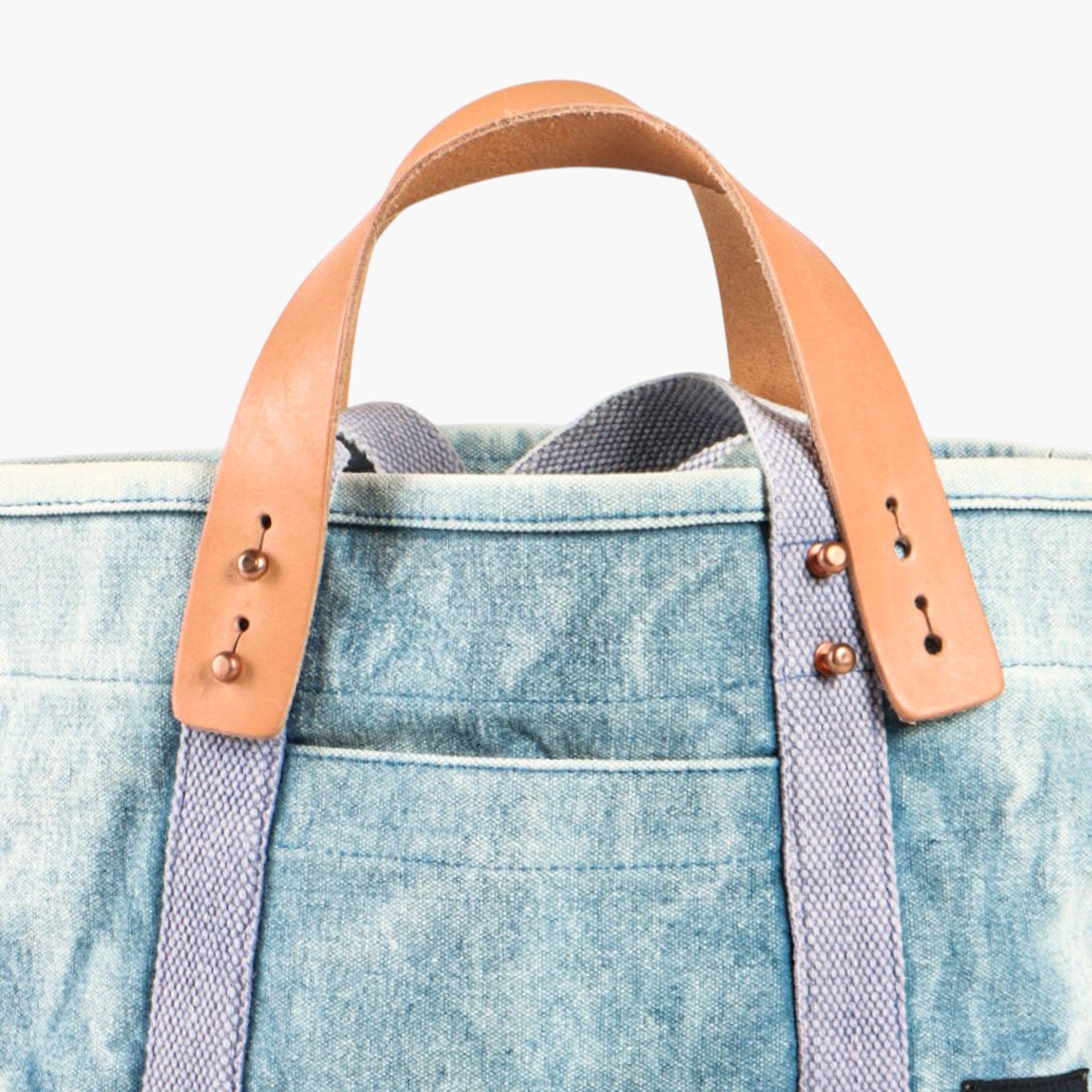 Lunch Tote | Acid Wash with leather handles and acid wash denim fabric, designed for casual everyday use and durability