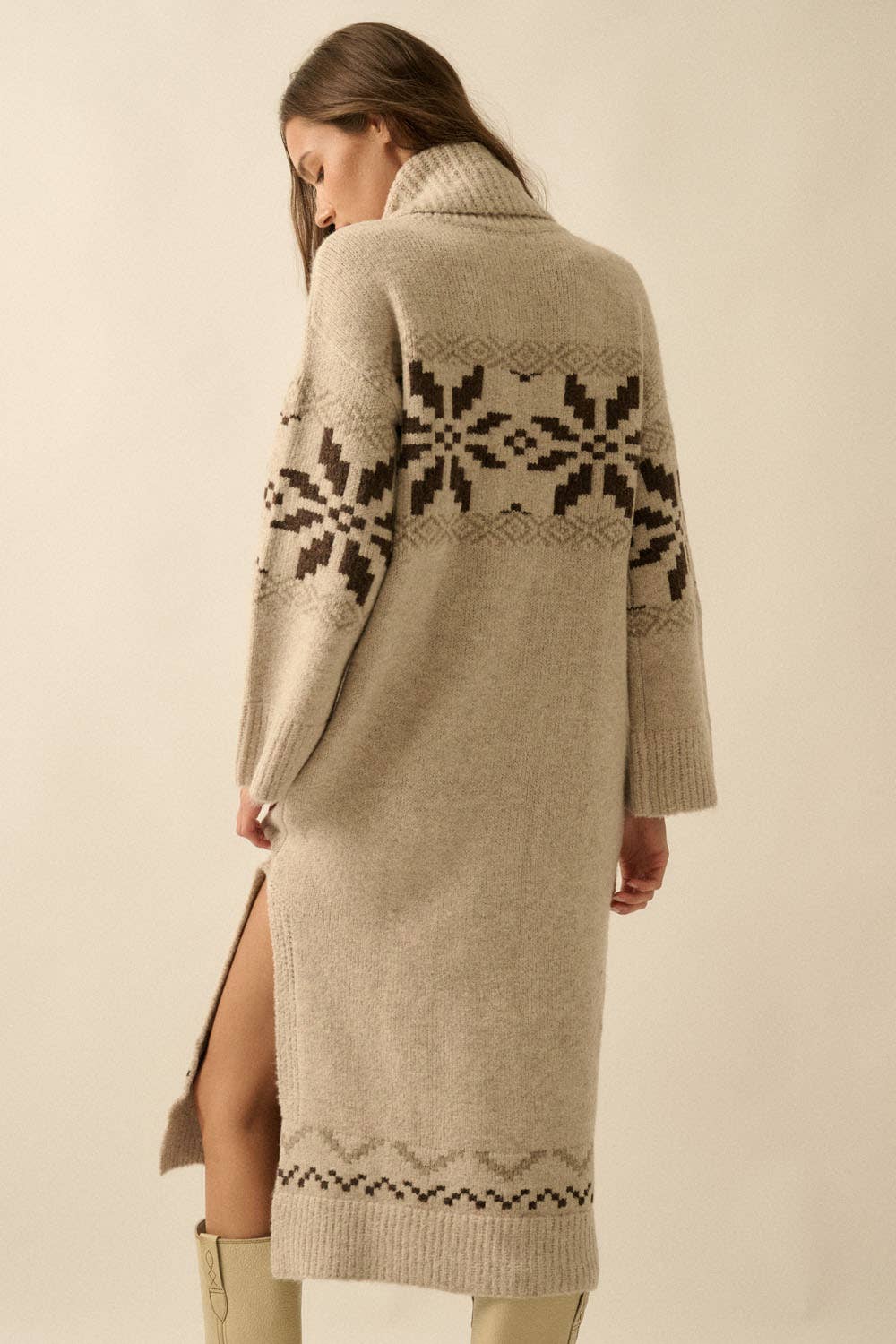 Alpine Snowflake Knit Cowl-Neck Midi Sweater Dress