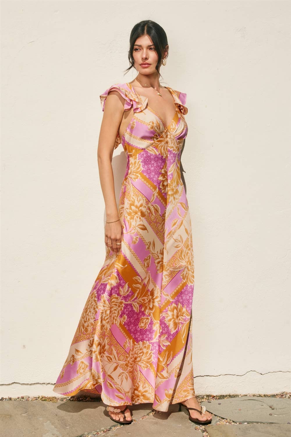 Floral Scarf Flutter Open Back Maxi Dress
