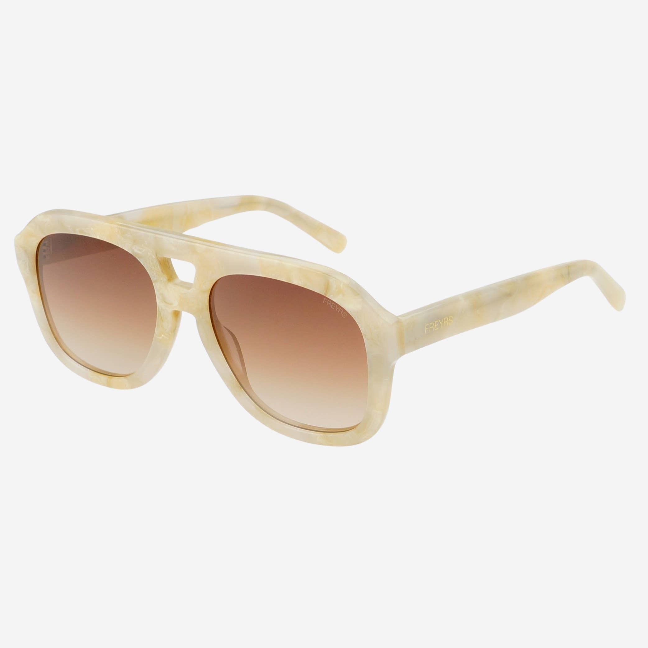 The FREYRS Eyewear Voyager Acetate Oversized Aviator Sunglasses feature a beige marble pattern, thick acetate frames, and brown gradient lenses with UV protection, shown on a white background.