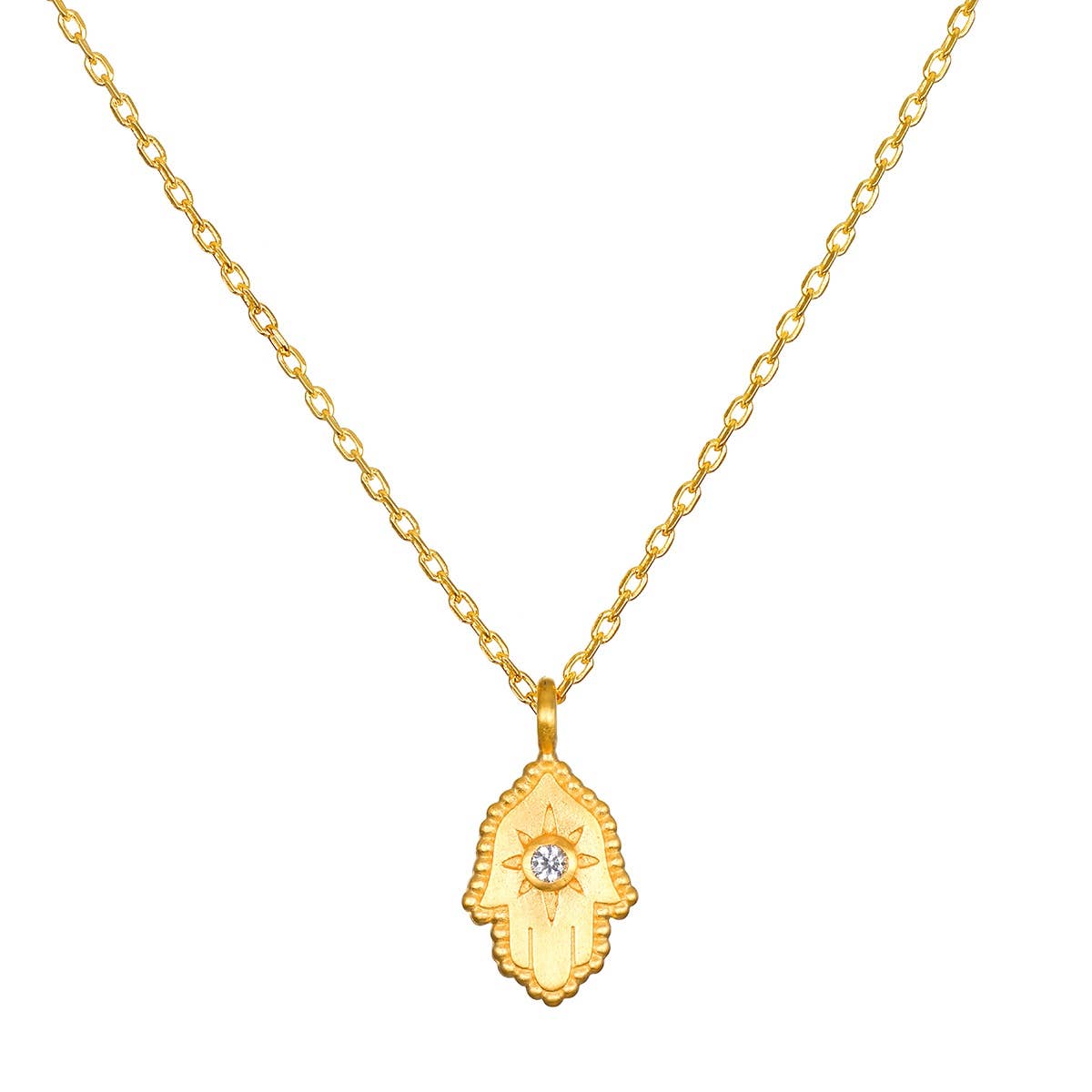 The Satya Jewelry Protective Hand White Topaz Hamsa Necklace 16" features a gold hand pendant with a scalloped edge and a sparkling white topaz gemstone at the center.