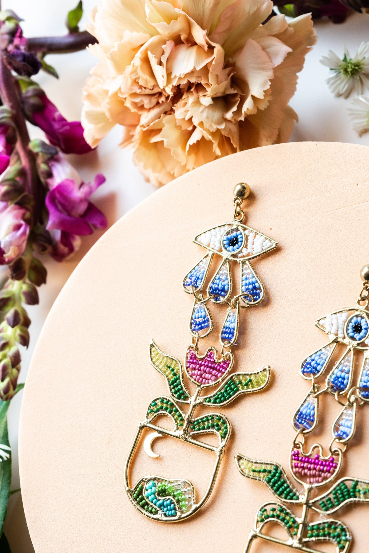 Cycle of Consciousness colorful floral drop earrings with blue green and pink enamel details