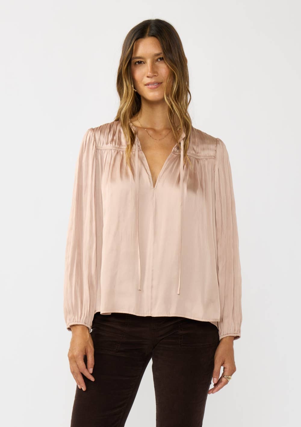 Split Neck Pleated Satin Blouse