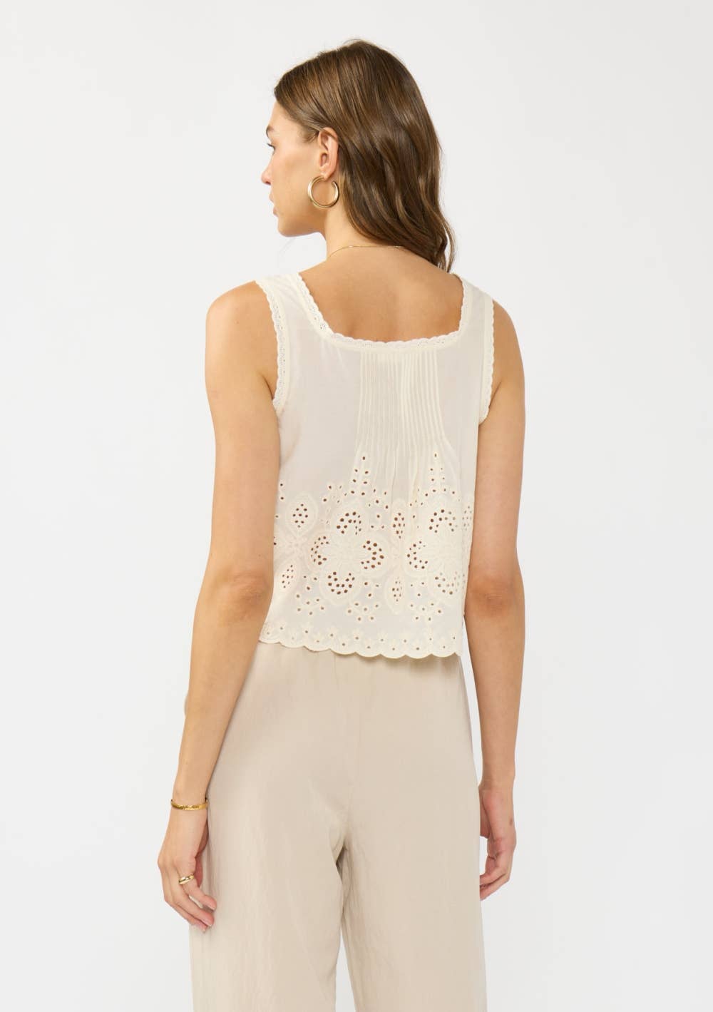 Square Neck Pintuck Eyelet Trim Crop Tank