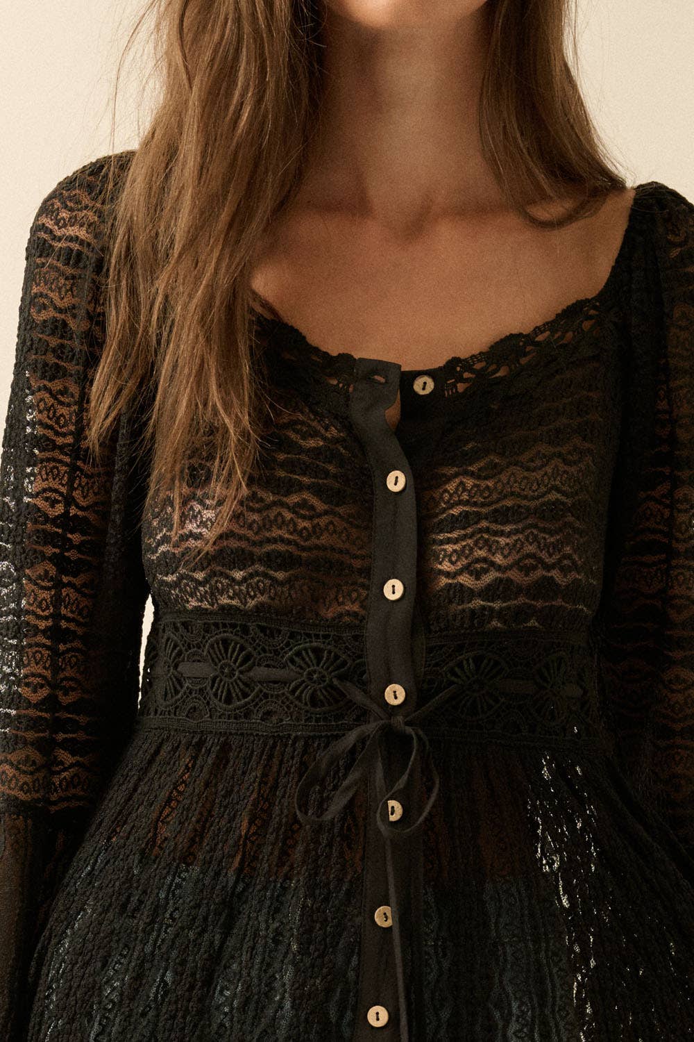 Sheer Striped Lace Button- Up Layering Midi Dress