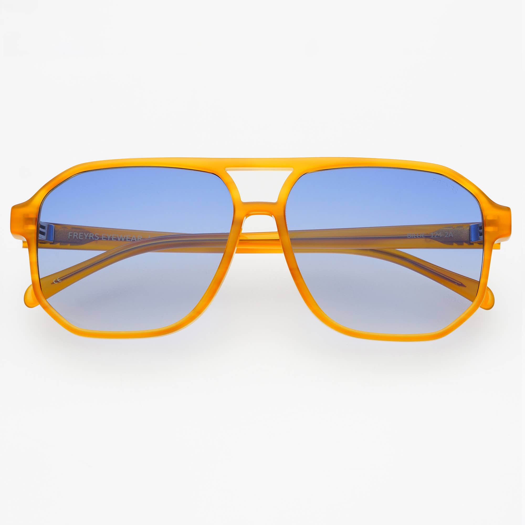 FREYRS Eyewear Billie (NEW) Unisex Aviator Sunglasses in bright orange, featuring blue gradient premium nylon lenses and German hardware, shown from the front against a white background.
