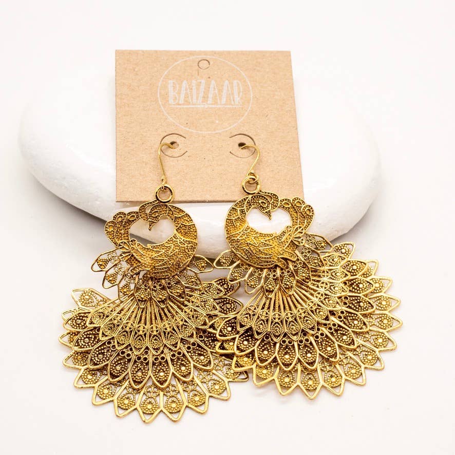 Brass Peacock Statement Earrings