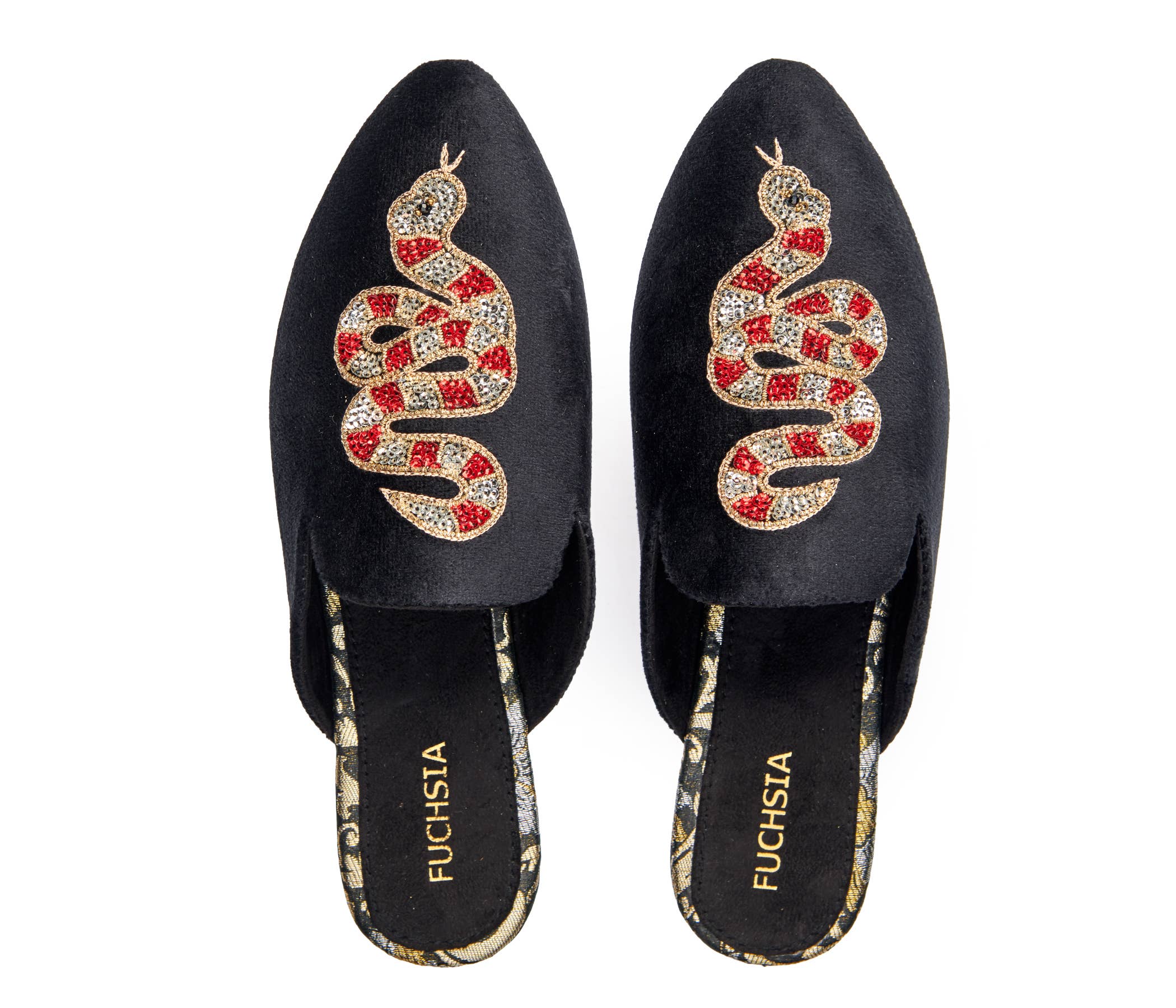 Artisanal Serpent Black Velvet Slippers Mules for Women with intricate red and gold serpent embroidery on top