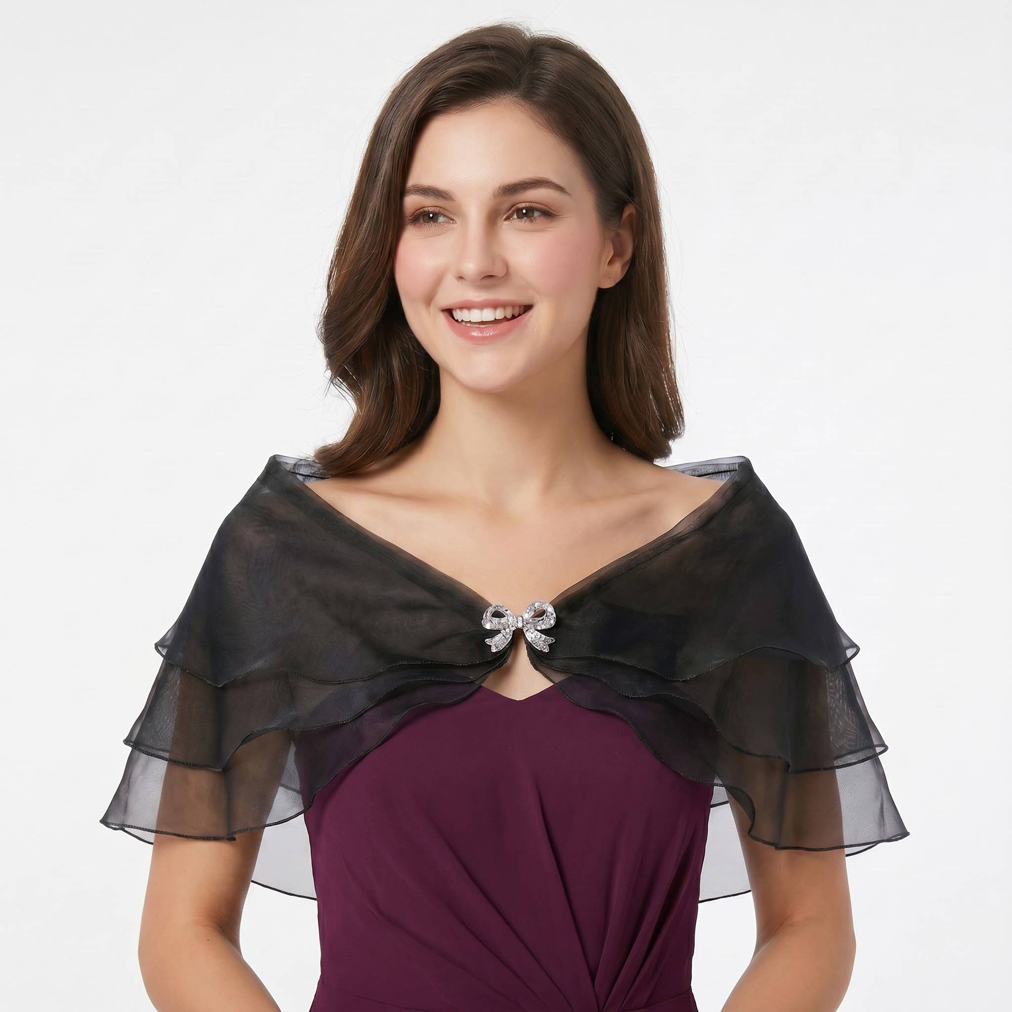 Sheer Organza Shoulder Shawl with Layered Ruffle Trim and Elegant Off-Shoulder Drape 14IN