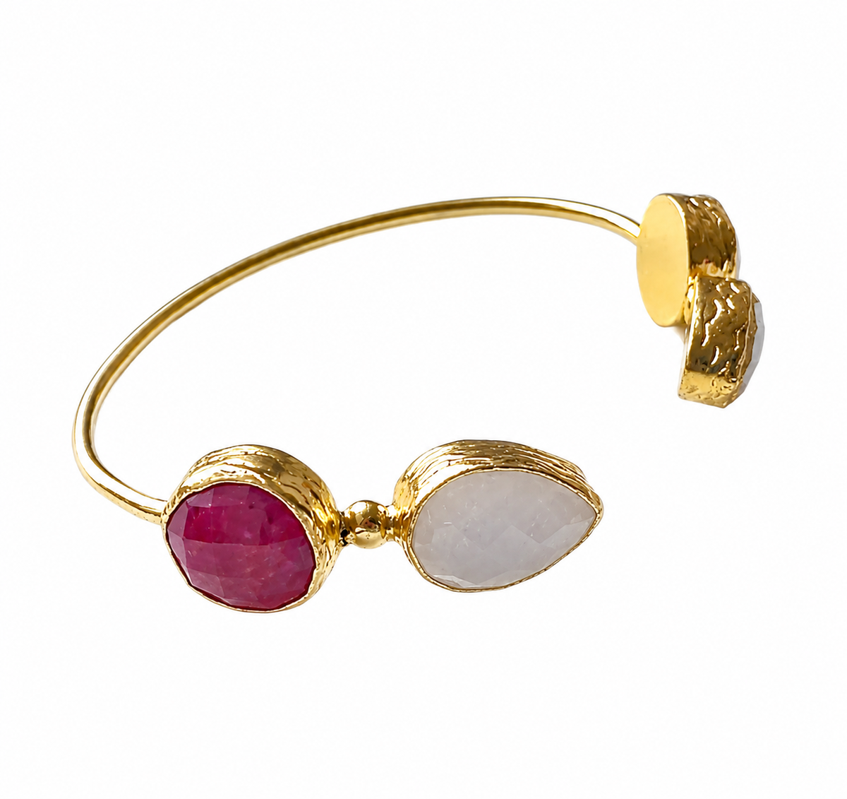 Ruby and Snow Quartz Cuff Bangle | Miray gold cuff with ruby and snow quartz stones