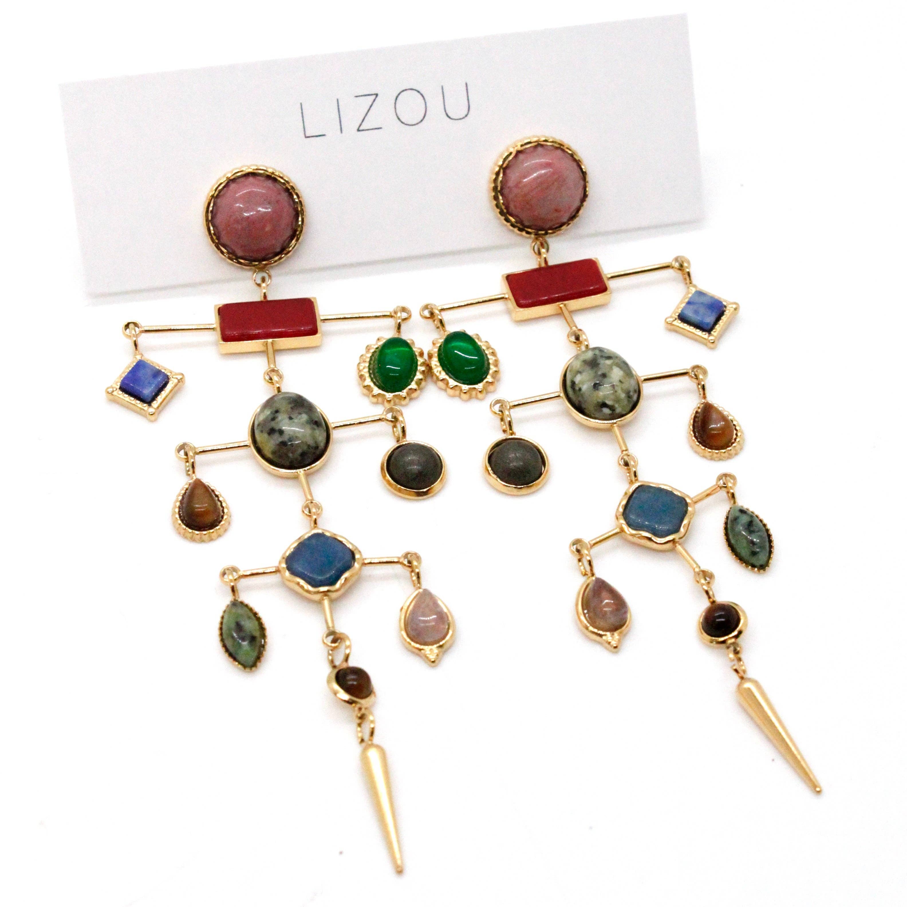 Museum Style Artsy Semi Precious Stone Mobile Earrings with colorful stones and gold-tone metal detailing