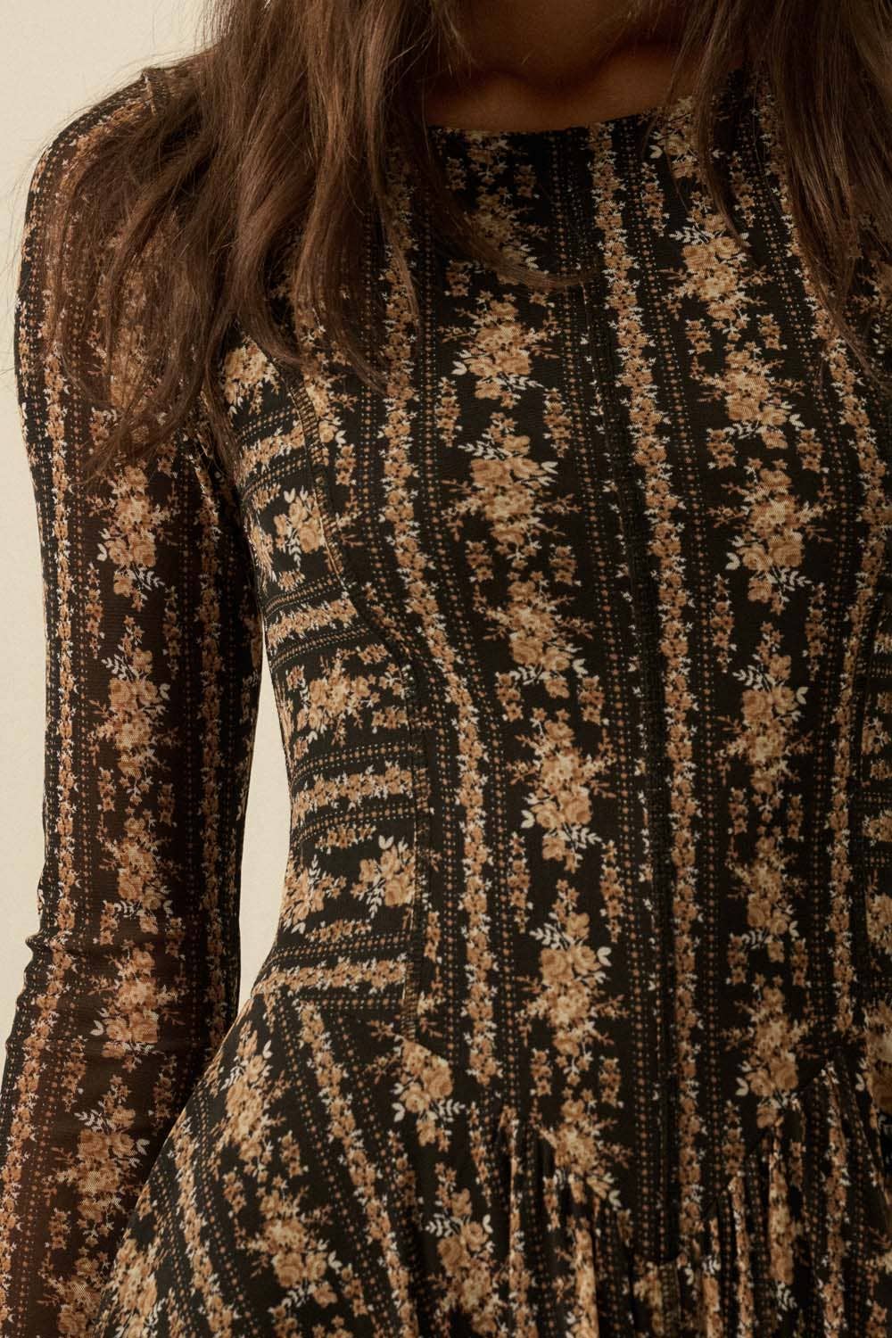 Floral Mesh Drop-Waist Long-Sleeve Midi Dress